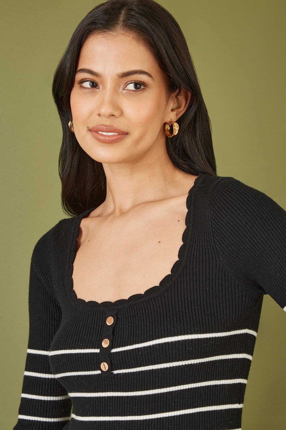 Yumi Black Stripe Rib Knitted Long Sleeve Top With Button Details