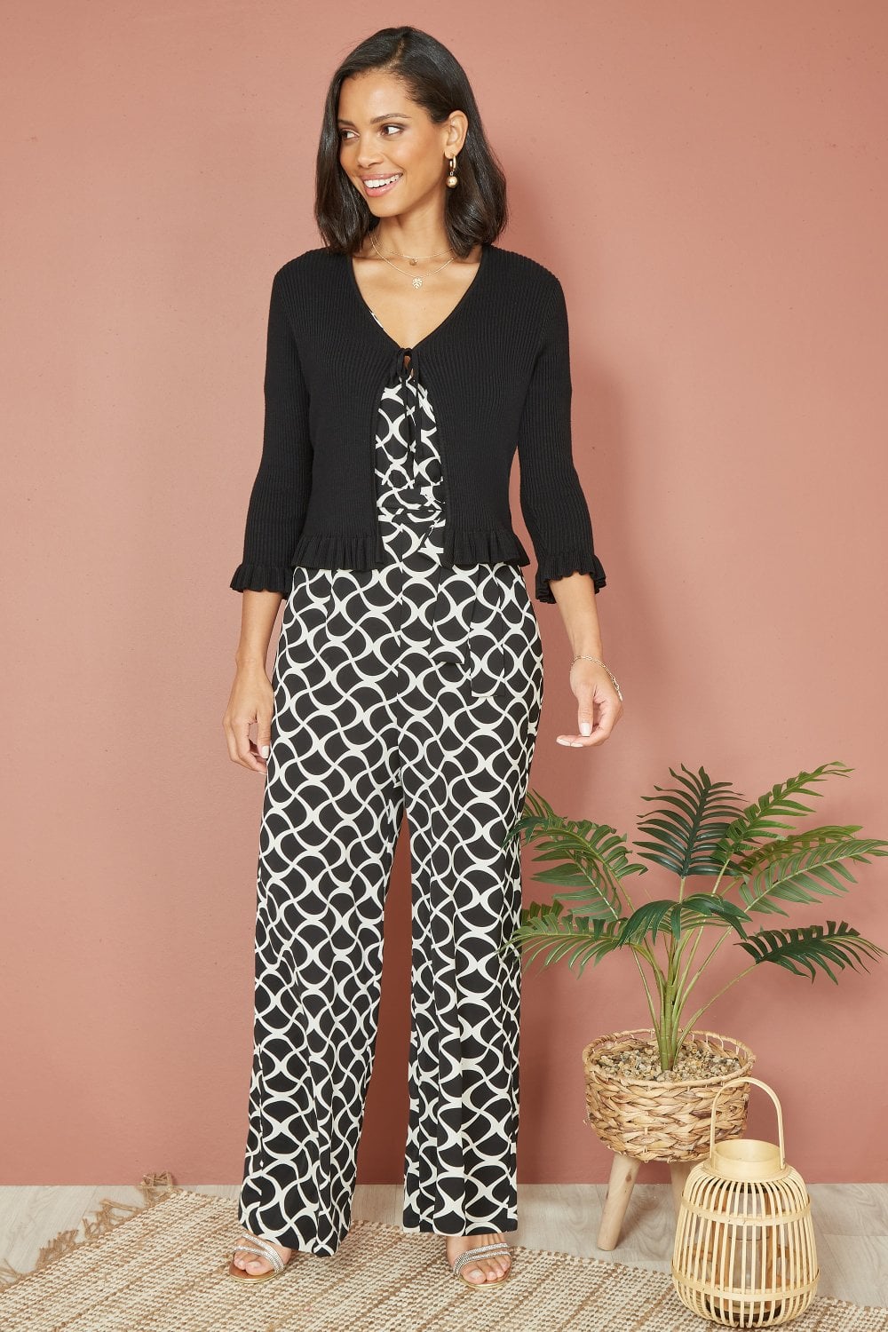 Yumi Black Tie Up Ribbed Cardigan With Frill Hem