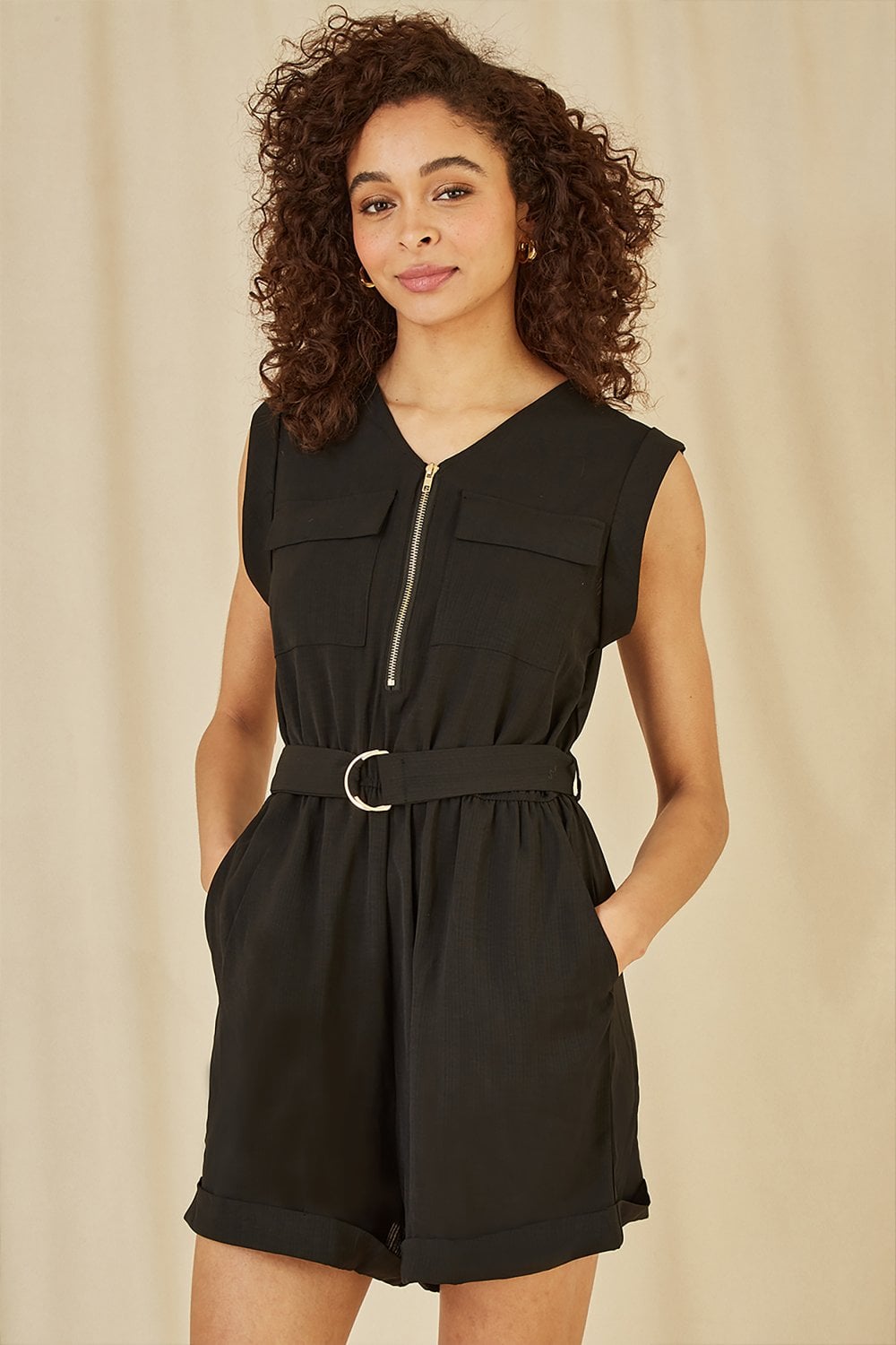 Yumi Black Utility Playsuit With Pockets