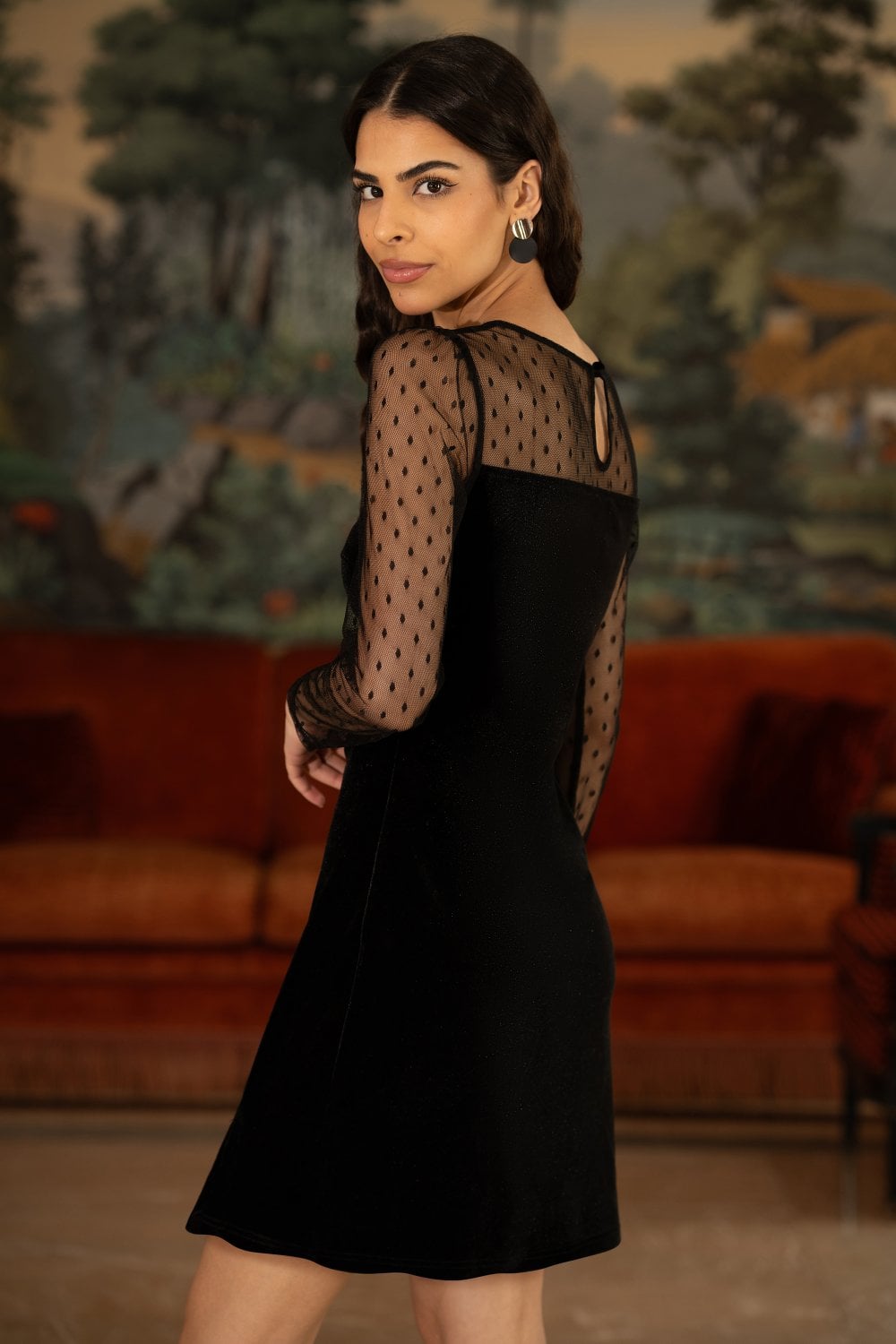 Yumi Black Velvet Dress With Sheer Long Sleeves