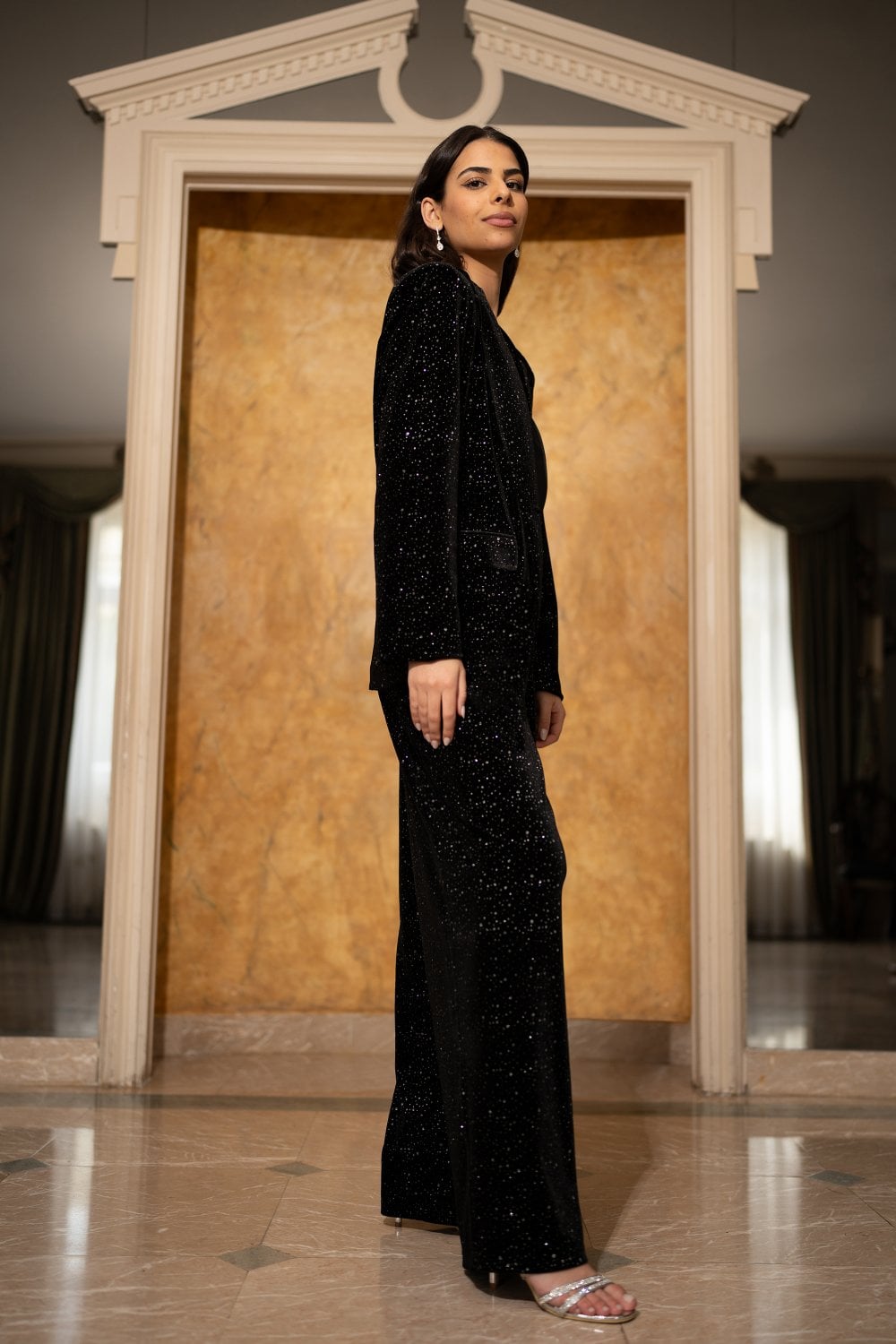 Yumi Black Velvet Sparkle Wide Leg Trousers