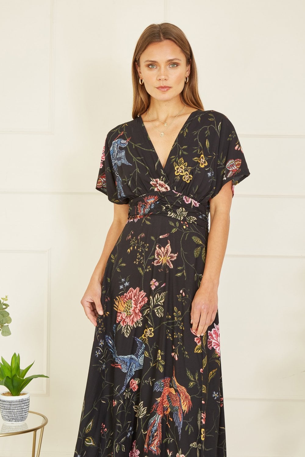 Yumi Black Viscose Bird and Floral Print Kimono Midi Dress