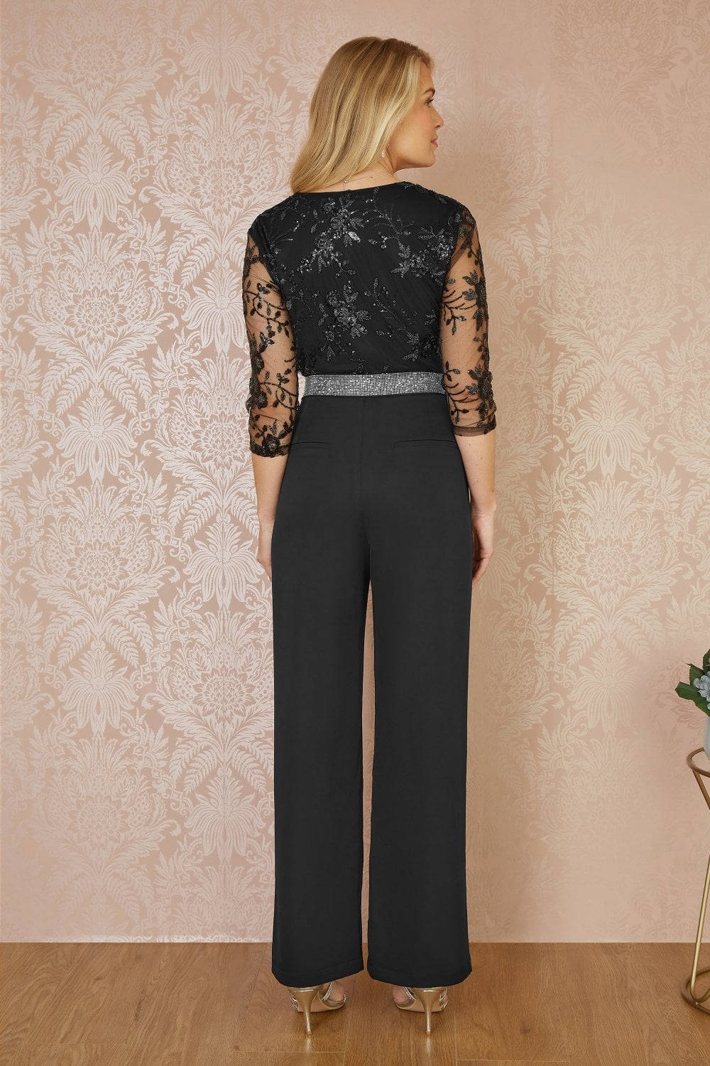 Yumi Black Wide Leg Trousers With Diamante Waistband