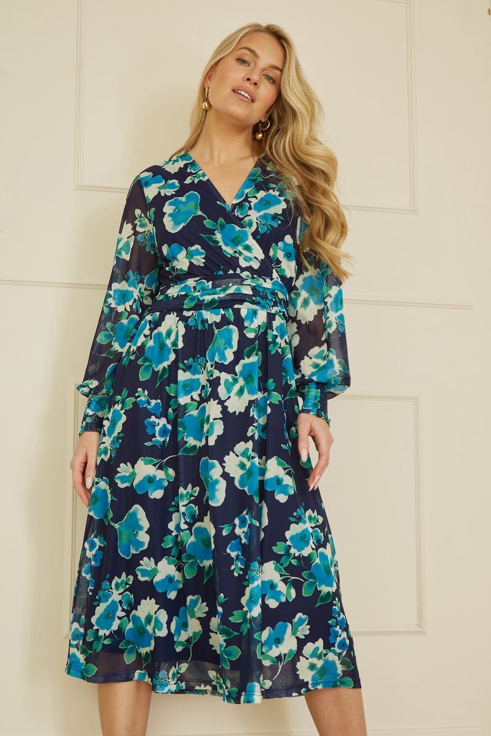 Yumi Blue Floral Mesh Wrap Dress With Long Sleeves