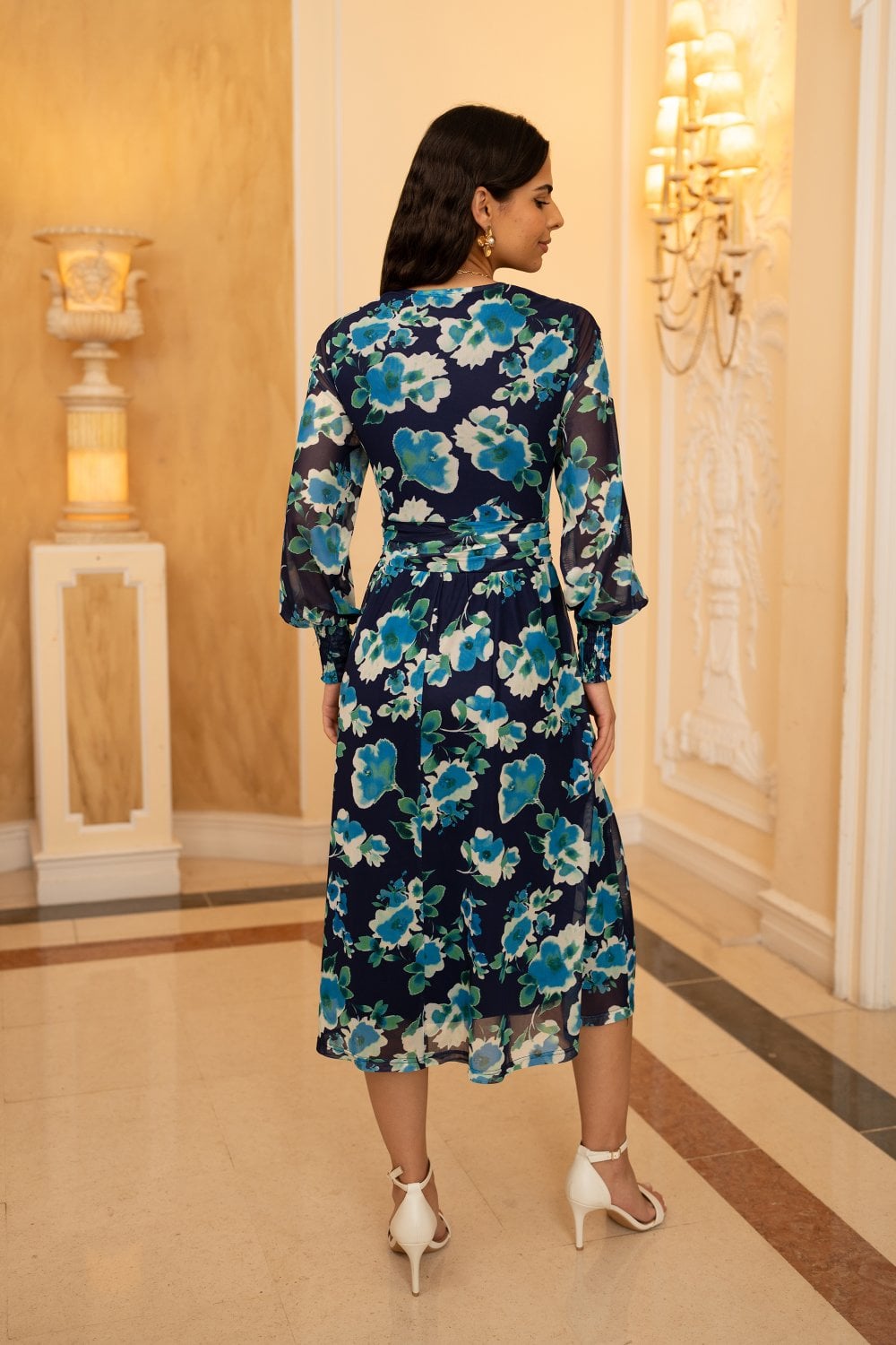 Yumi Blue Floral Mesh Wrap Dress With Long Sleeves