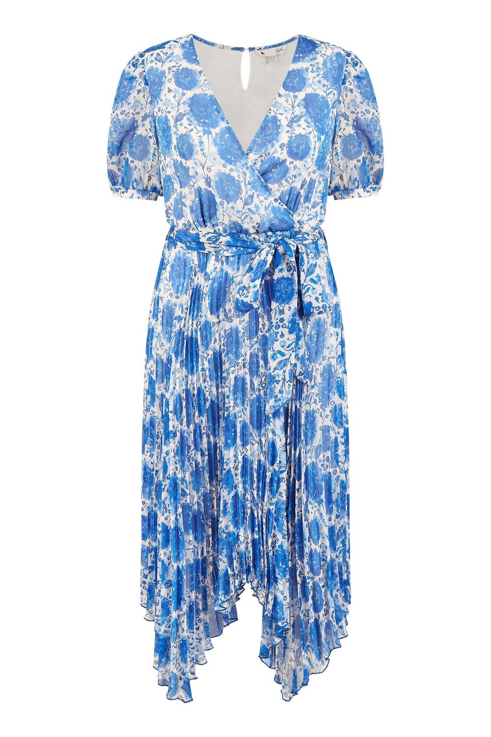 Yumi Blue Floral Pleated Midi Dress With Puff Sleeves