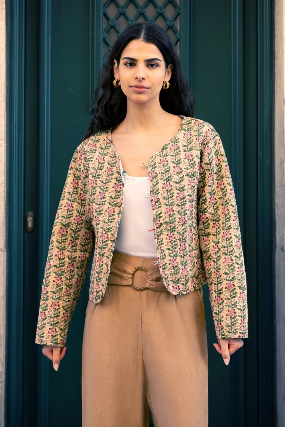 Yumi Blue Floral Print Reversible Cotton Cropped Quilted Jacket