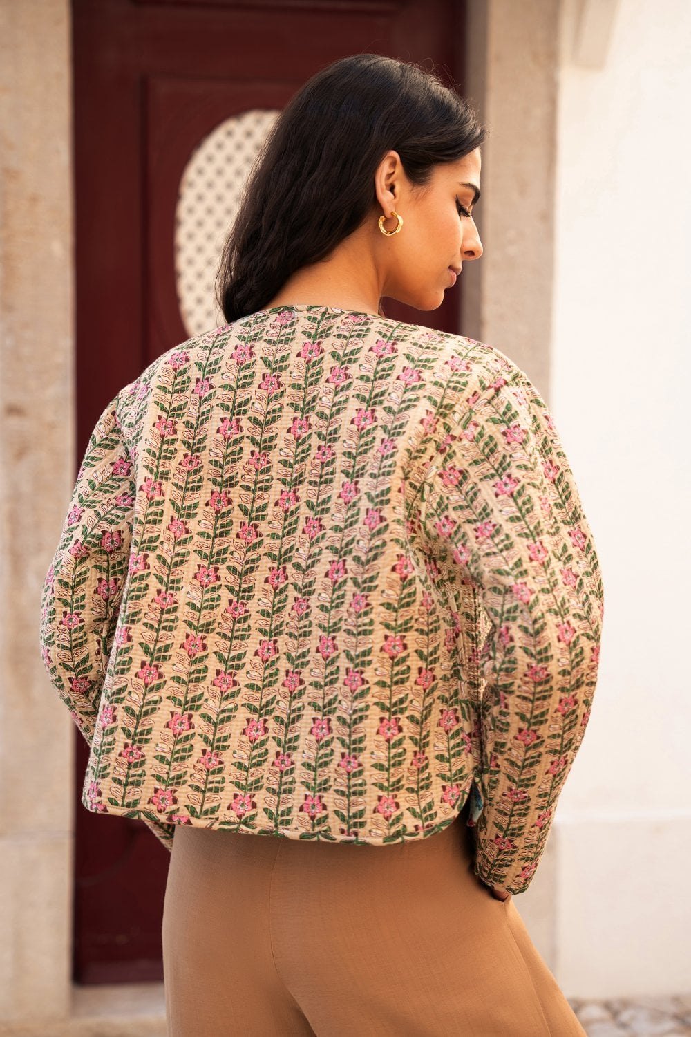 Yumi Blue Floral Print Reversible Cotton Cropped Quilted Jacket