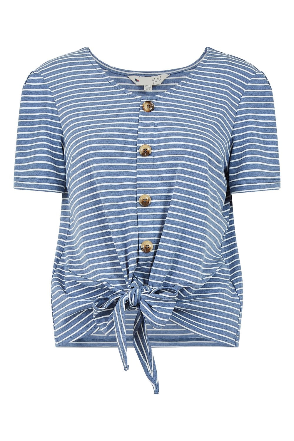 Yumi Blue Striped Jersey Button Detail Top