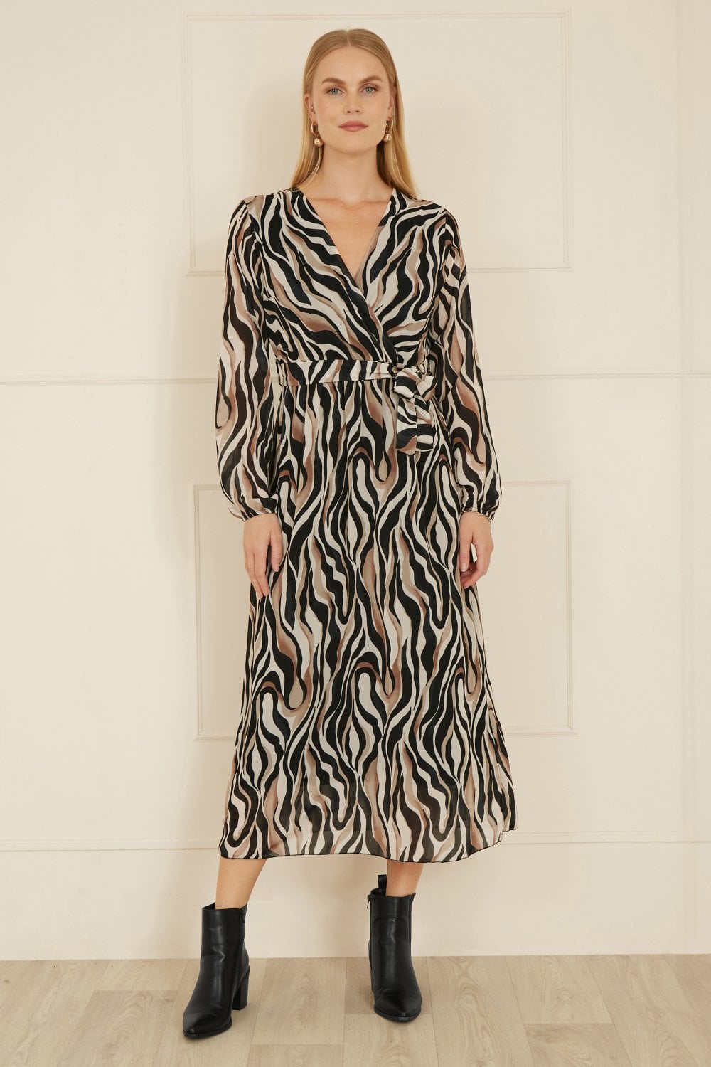 Yumi Brown Animal Swirl Midi Wrap Dress