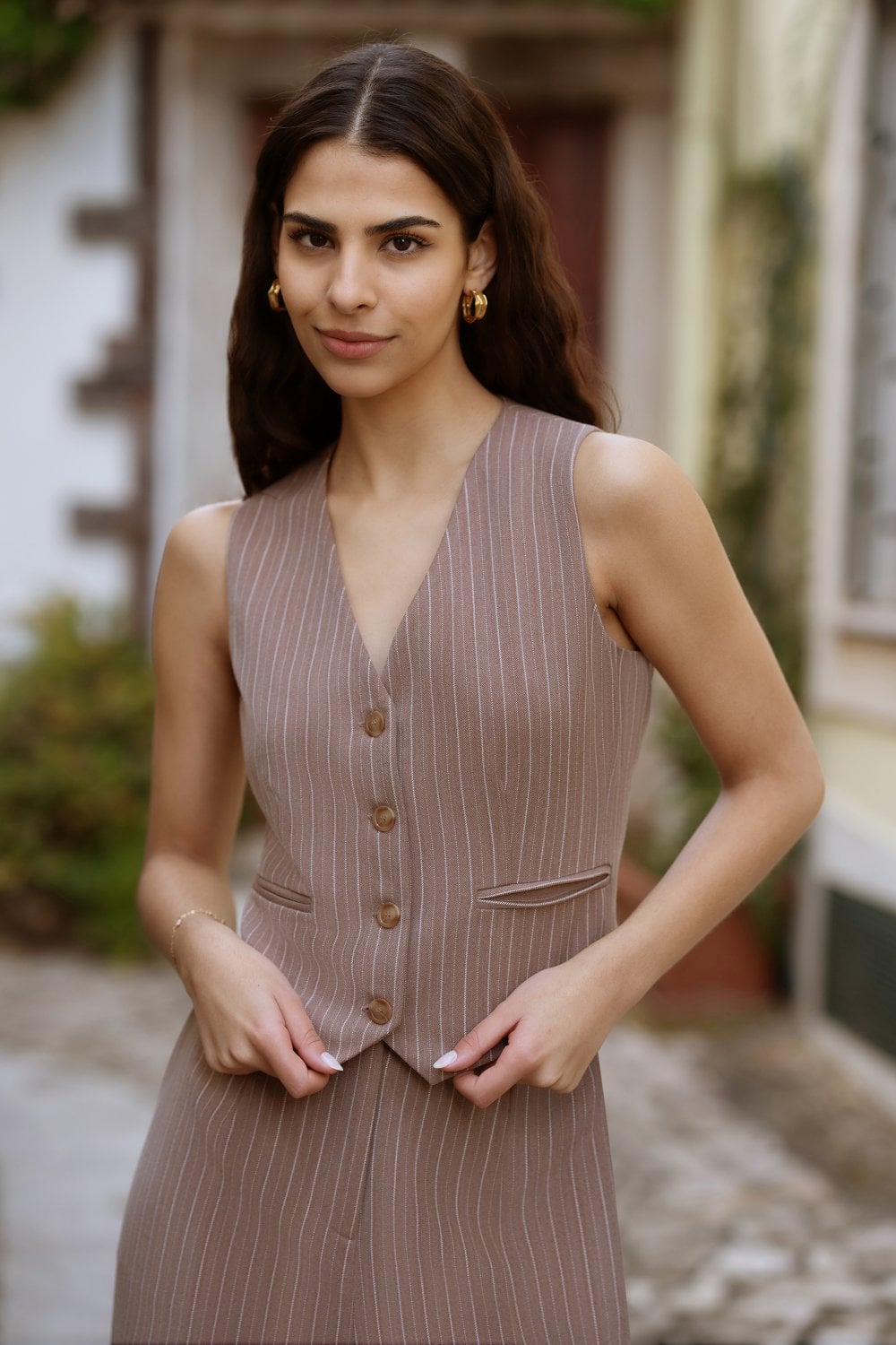 Yumi Brown Pinstripe Sustainable Cotton And Ramie Waist Coat Vest