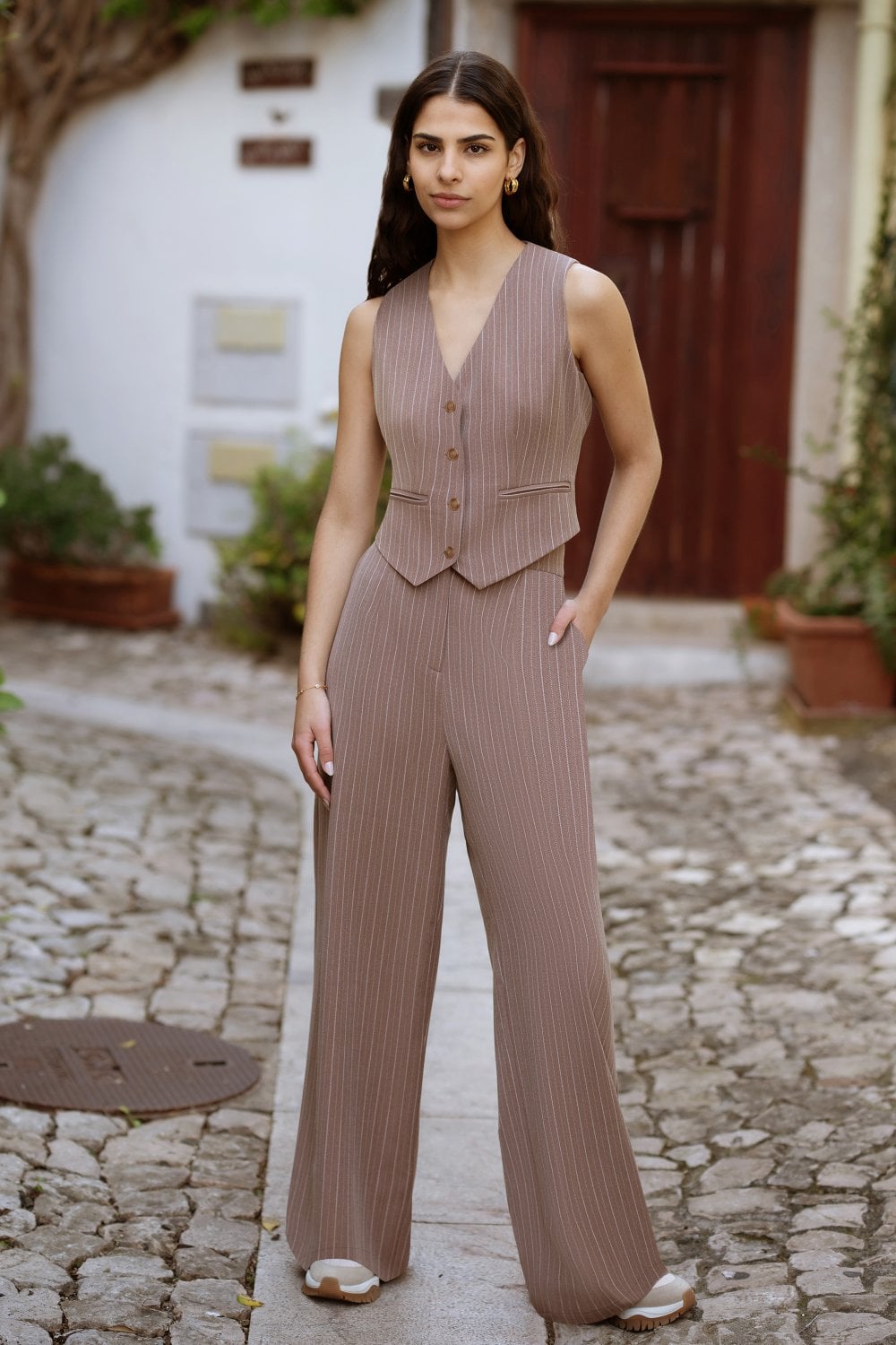 Yumi Brown Pinstripe Sustainable Cotton And Ramie Wide Leg Trousers