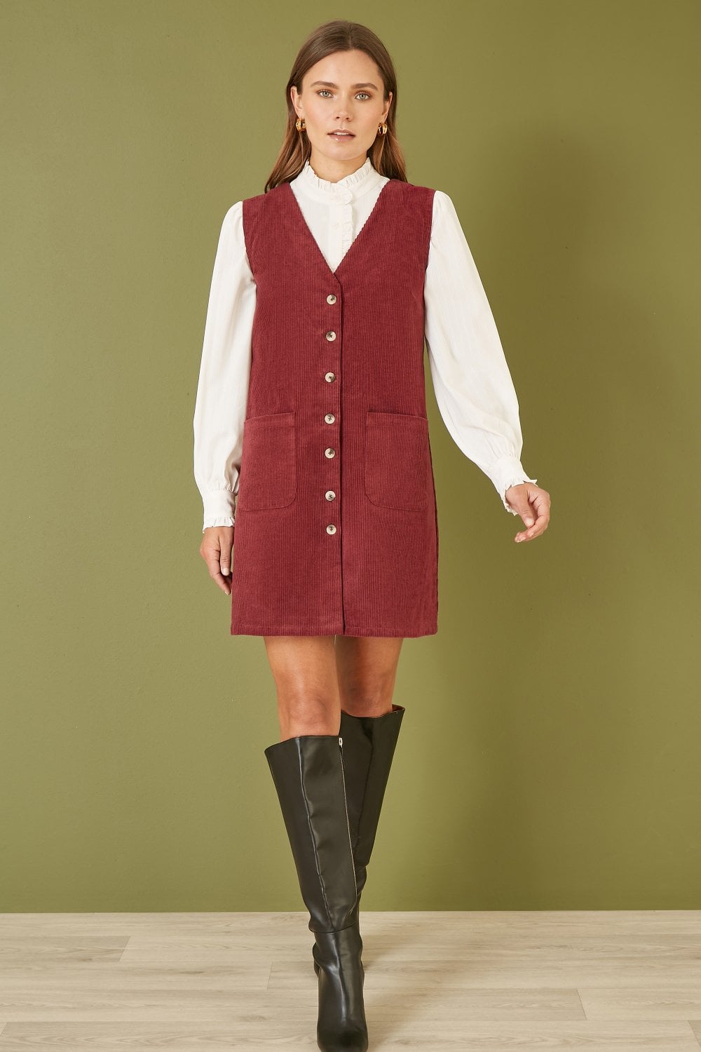 Yumi Burgundy Cord Button Through Pinafore Dress With Pockets