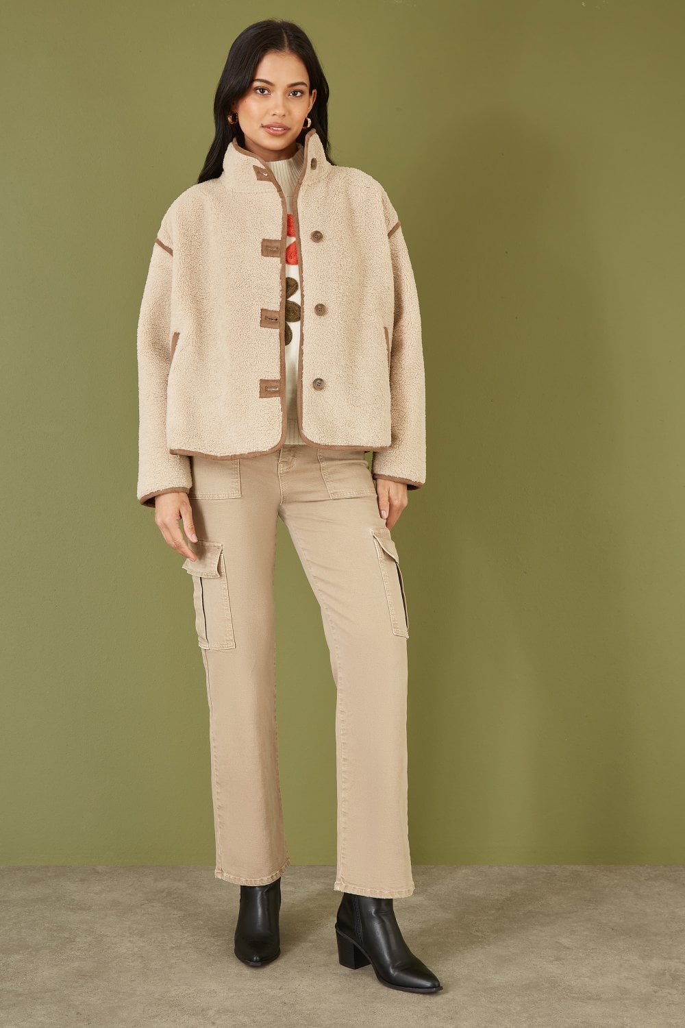 Yumi Cream Borg High Neck Jacket With Faux Leather Trims