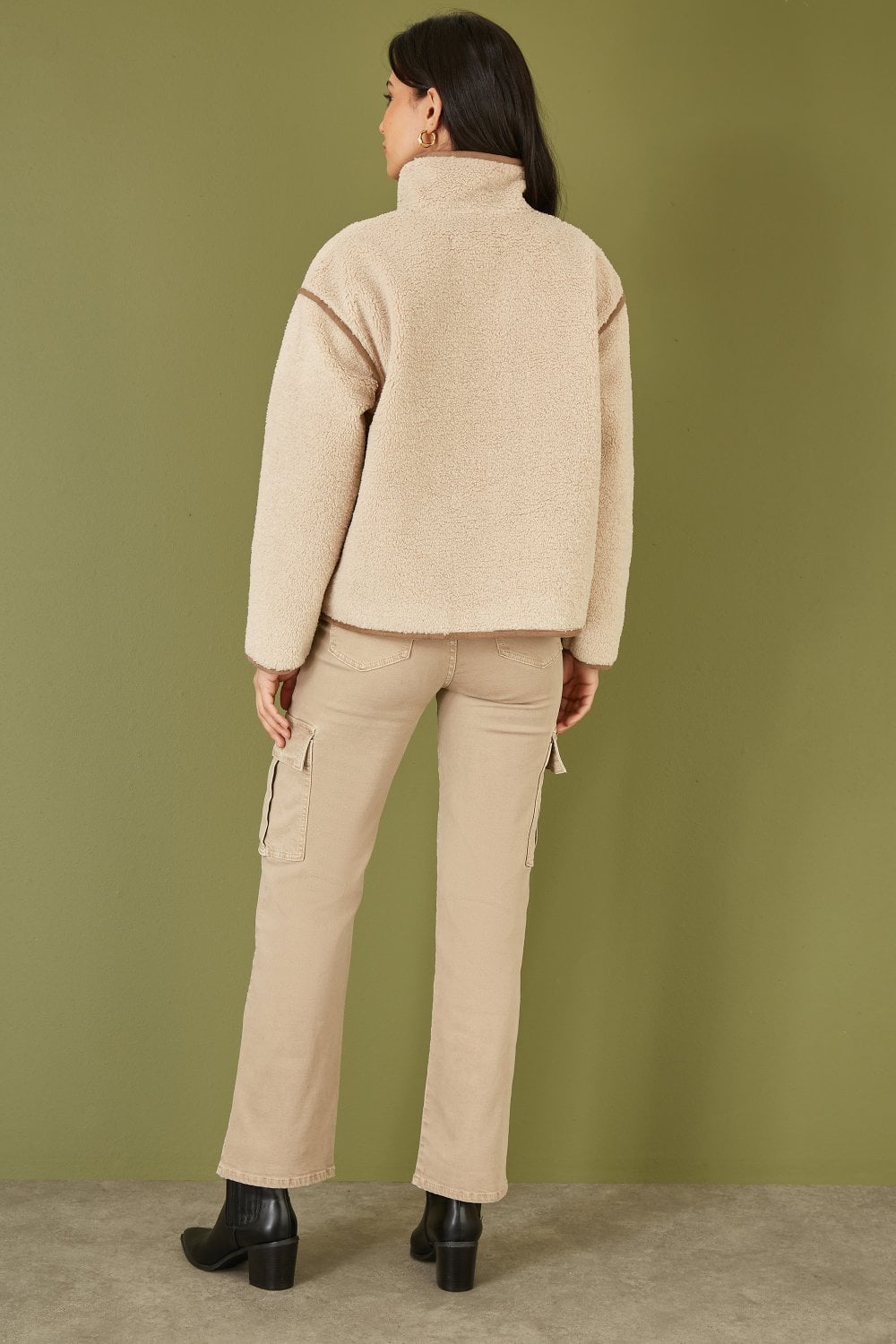 Yumi Cream Borg High Neck Jacket With Faux Leather Trims