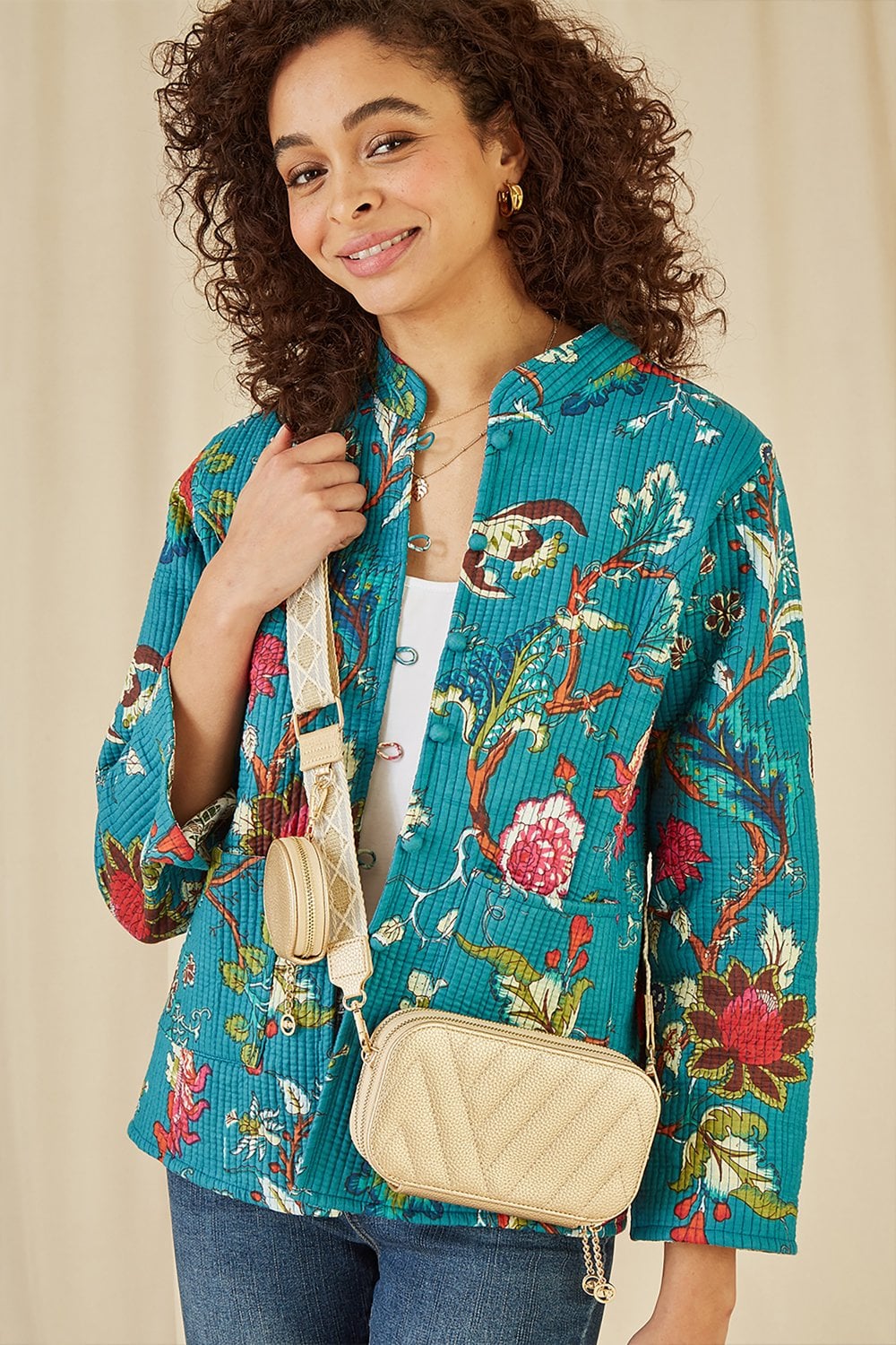 Yumi Gold Quilted Camera Bag With Cross Body Woven Strap