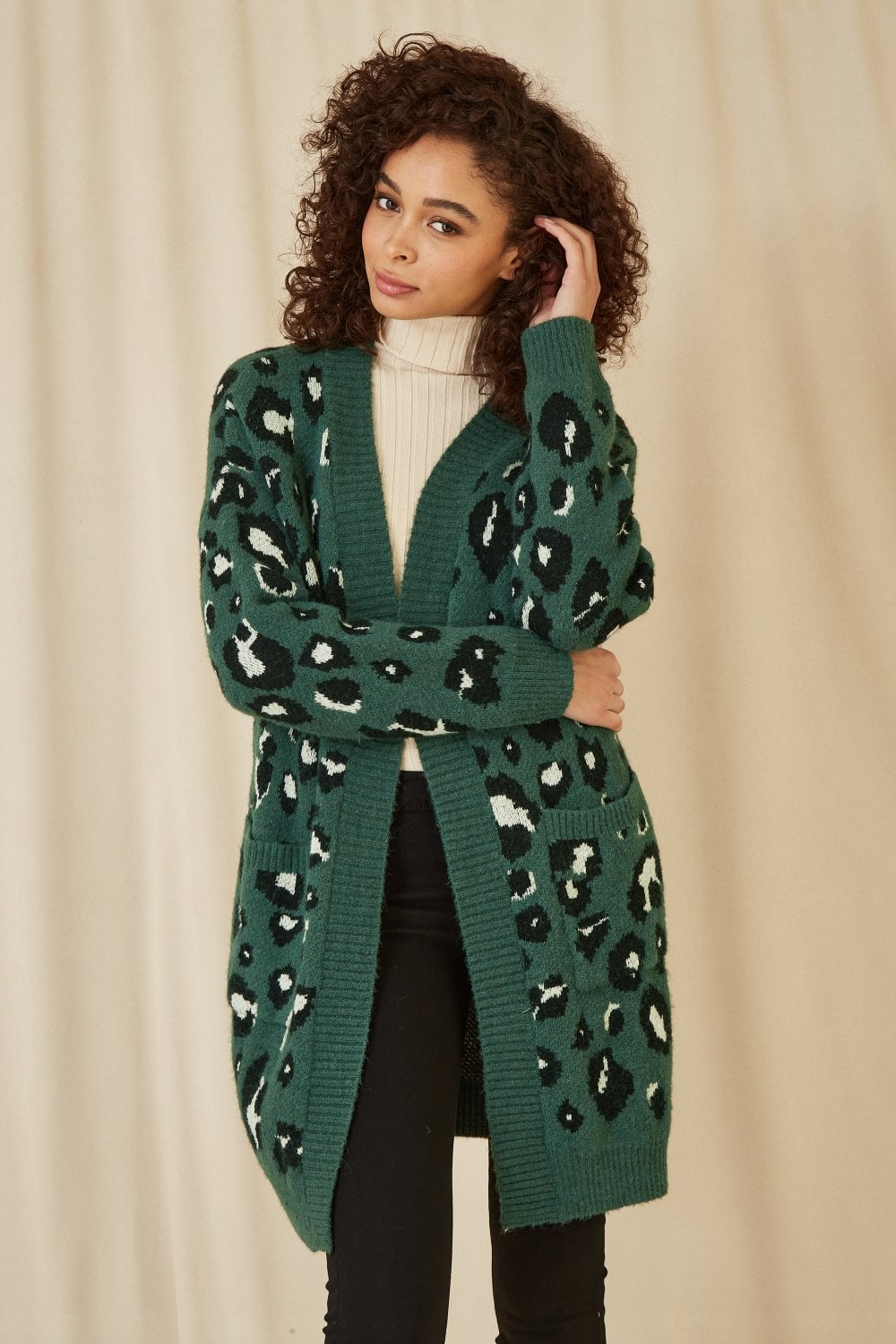 Yumi Green Animal Intarsia Long Cardigan