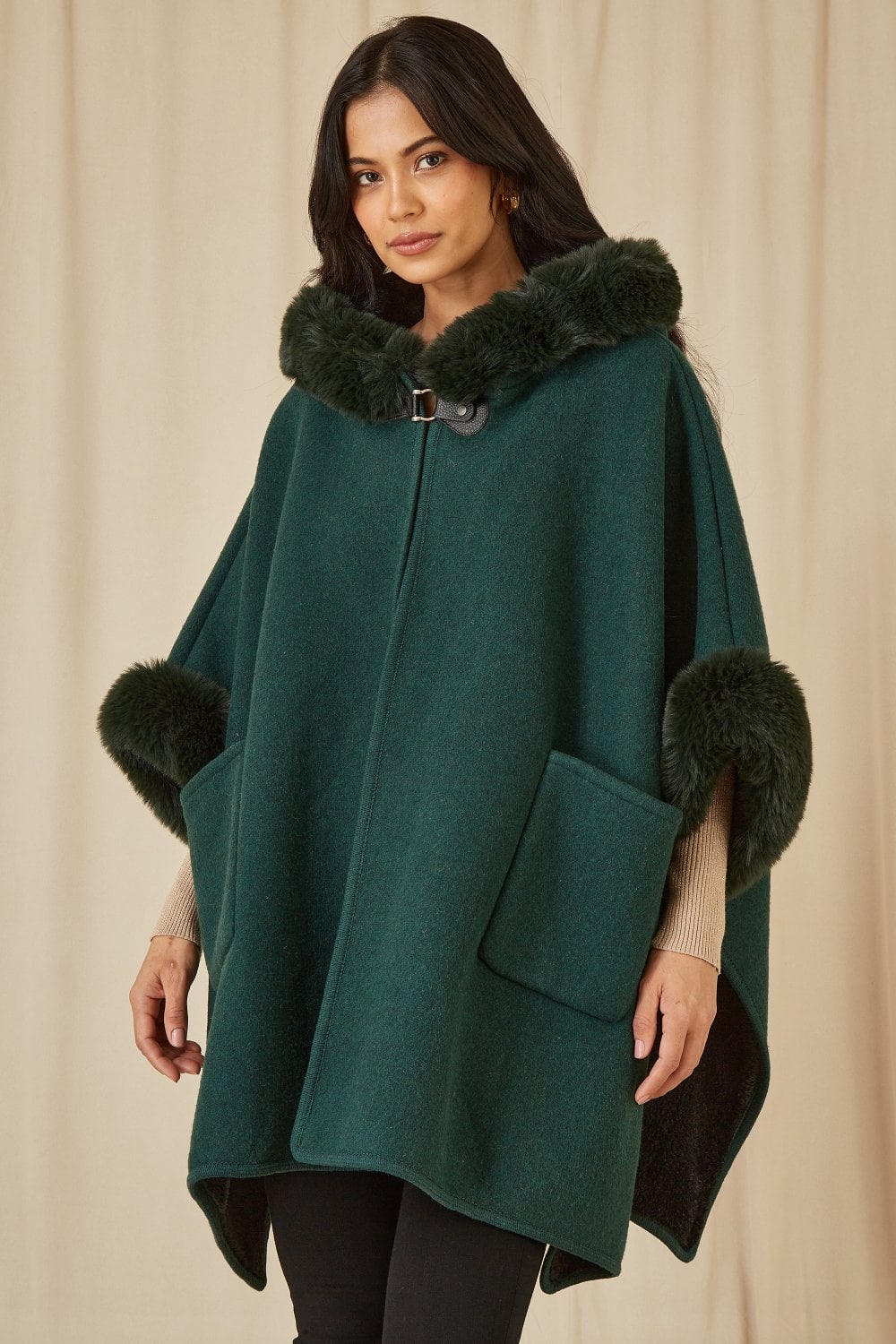 Yumi Green Cape With Luxe Fur Trim And Lining