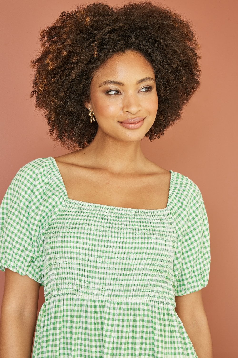 Yumi Green Cotton Gingham Smock Puff Sleeve Midi Dress