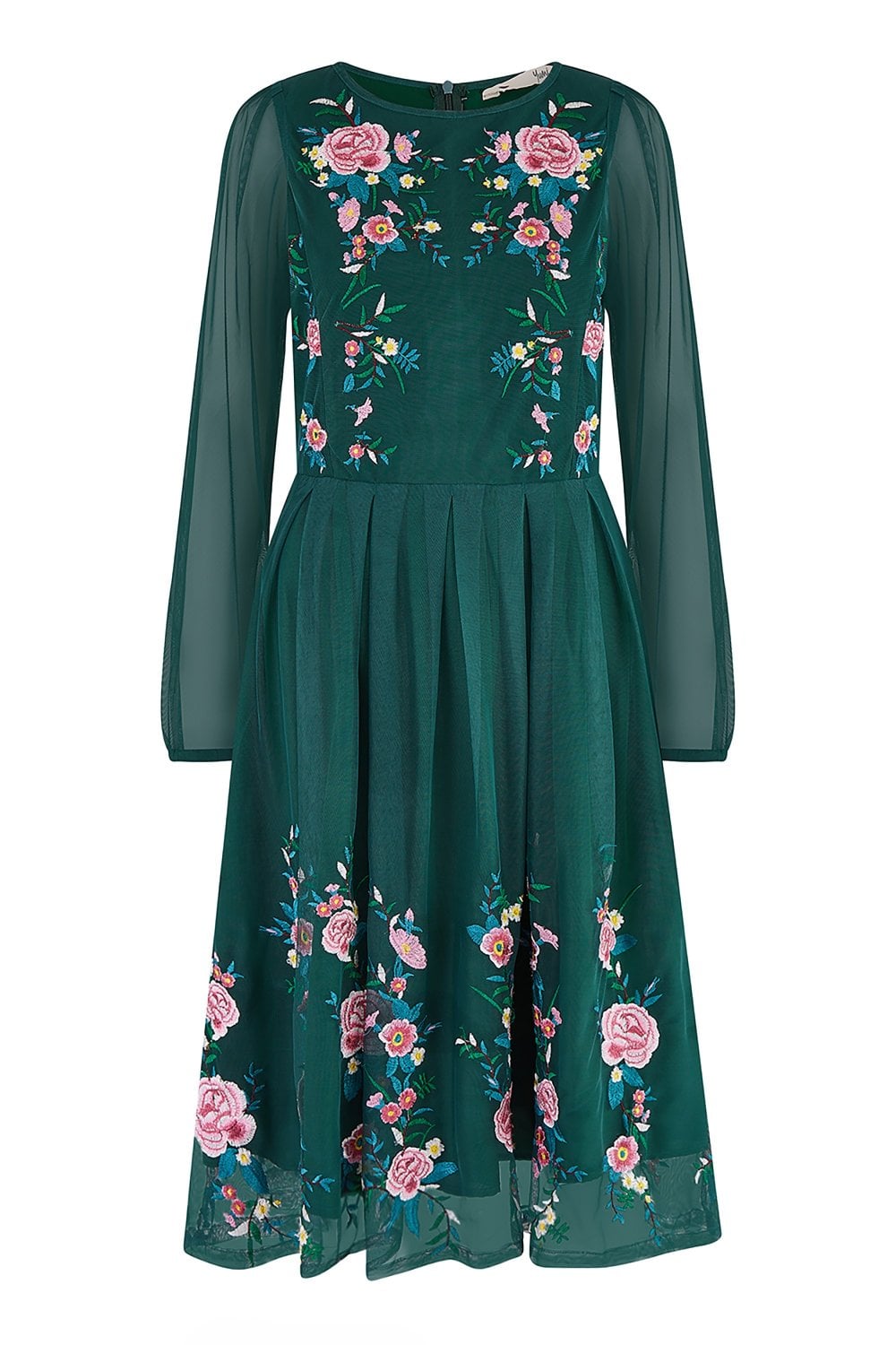 Yumi Green Embroidered Long Mesh Sleeve Prom Skater Dress