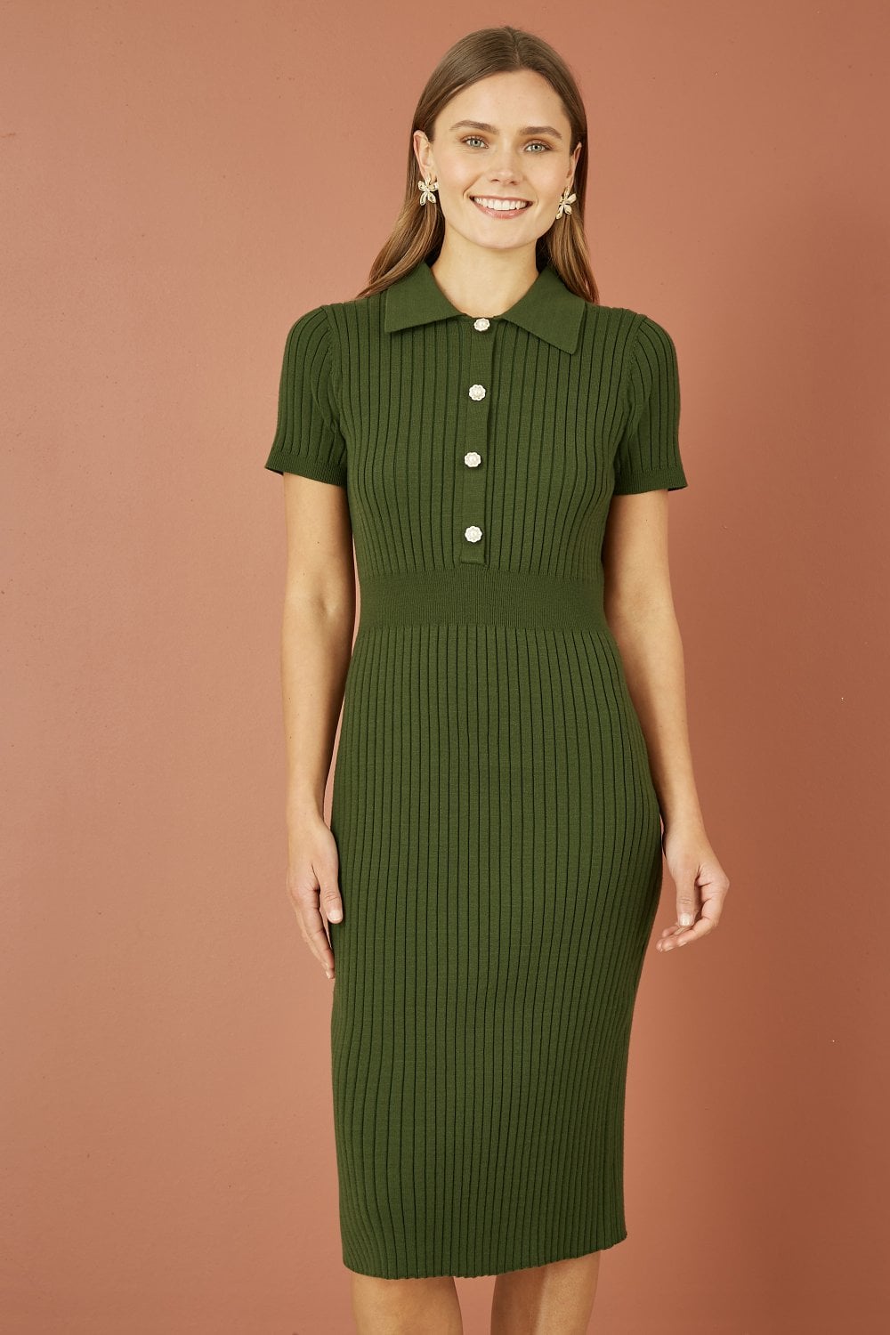 Yumi Green Fitted Rib Knitted Midi Dress With Daisy Buttons