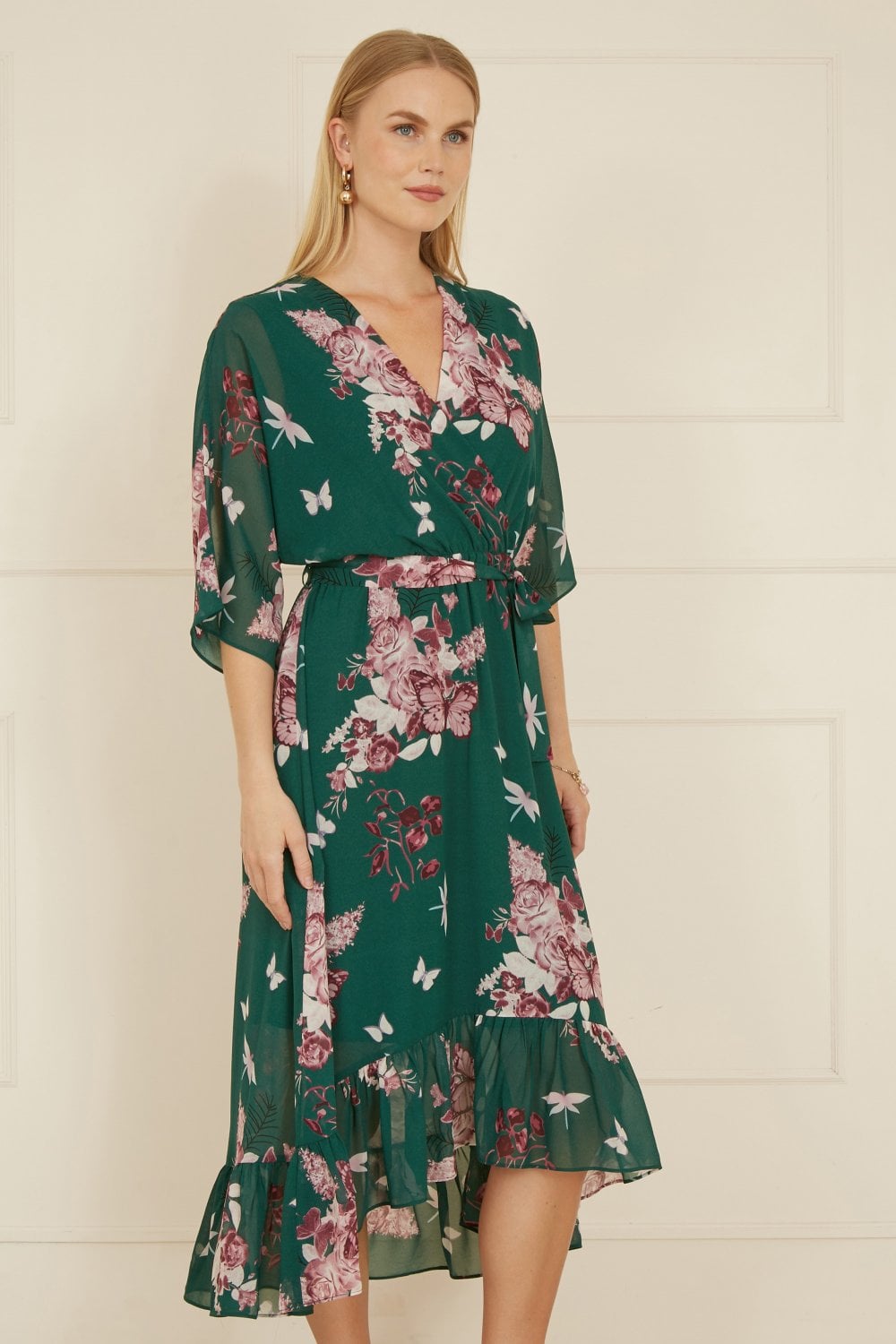 Yumi Green Floral Kimono Dipped Hem Dress