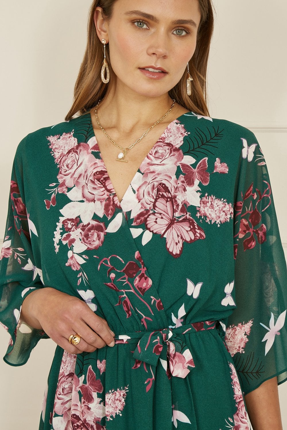Yumi Green Floral Kimono Dipped Hem Dress