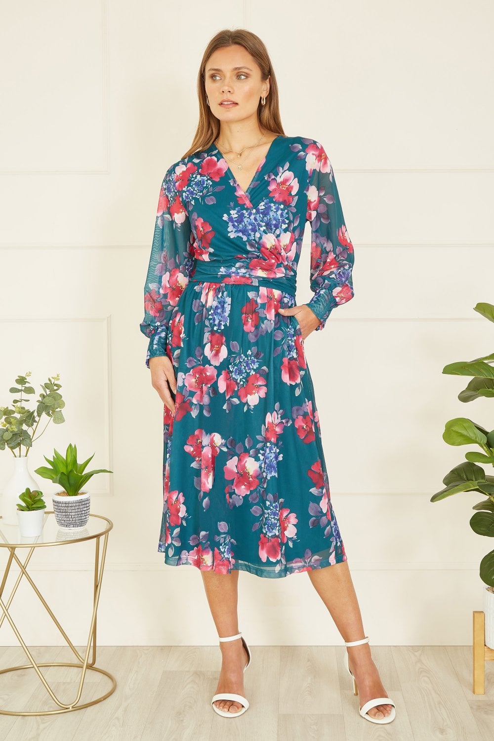 Yumi Green Floral Print Stretch Mesh Dress With Pockets