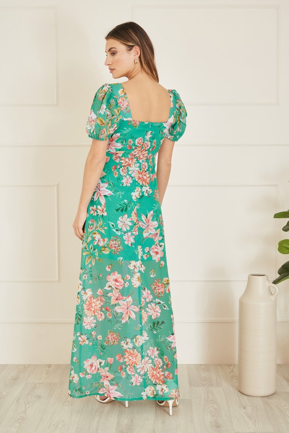 Yumi Green Recycled Floral Print Square Neck Maxi Dress With Split Hemline