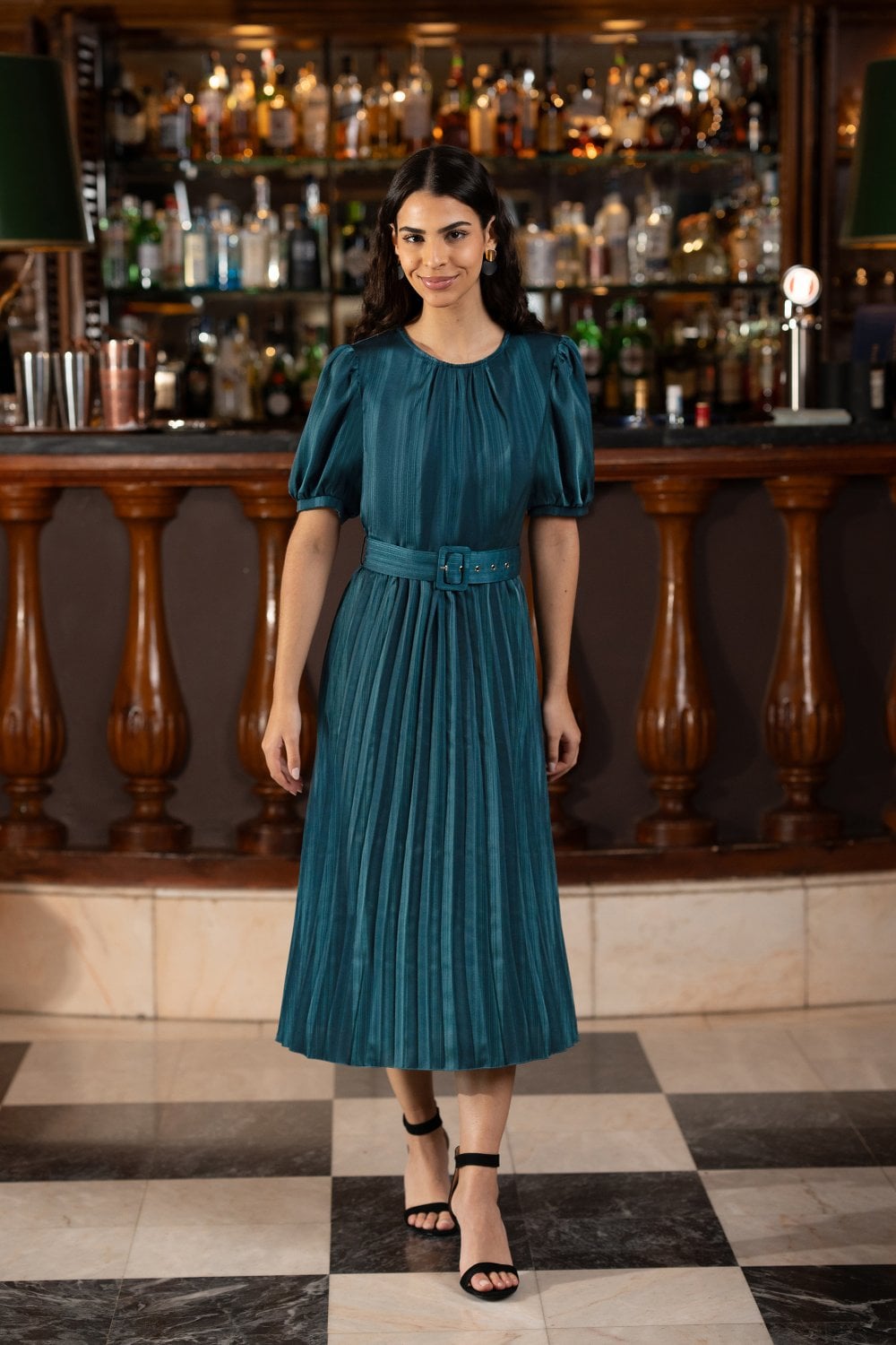 Yumi Green Satin Striped Midi Dress With Pleats and Matching Belt