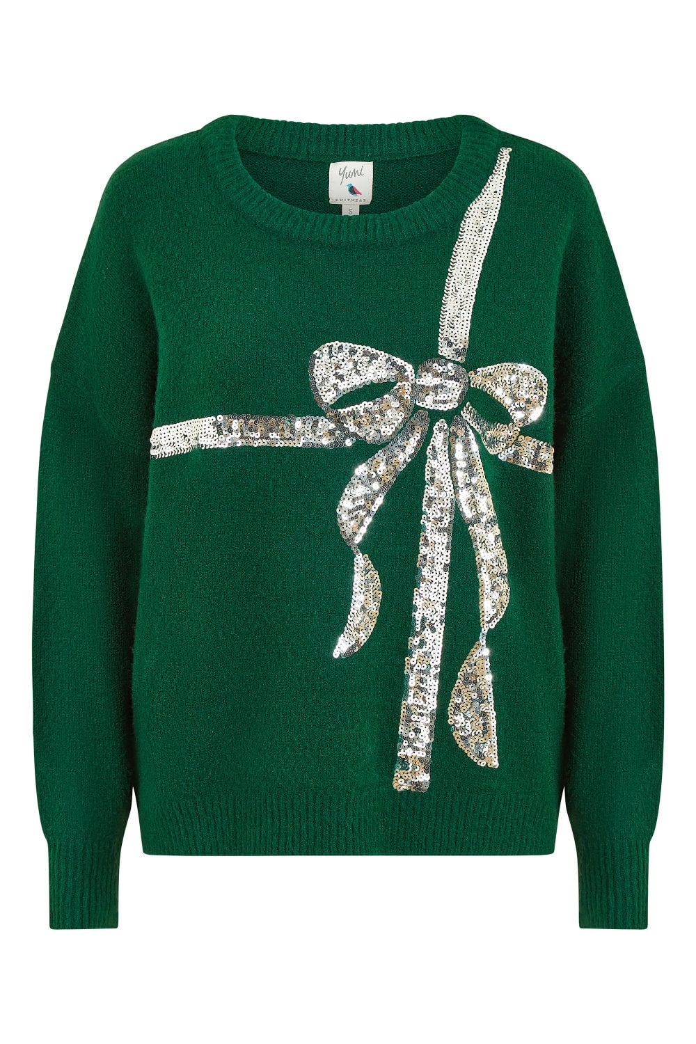 Yumi Green Sequin Bow Knitted Jumper
