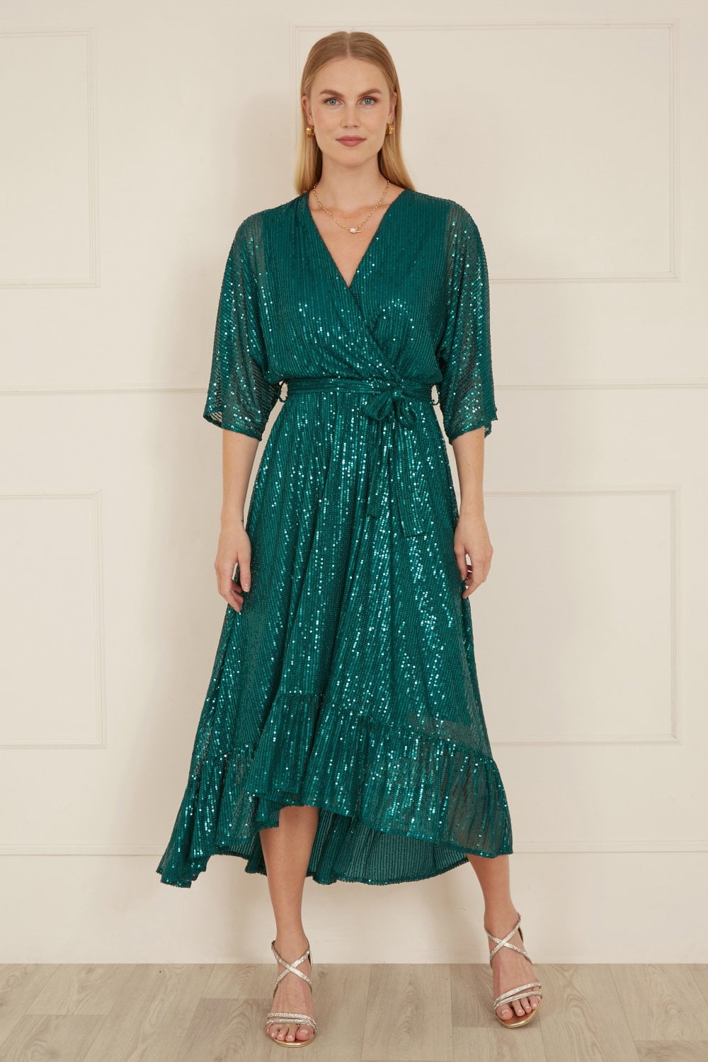 Yumi Green Sequin Kimono Midi Wrap Dress