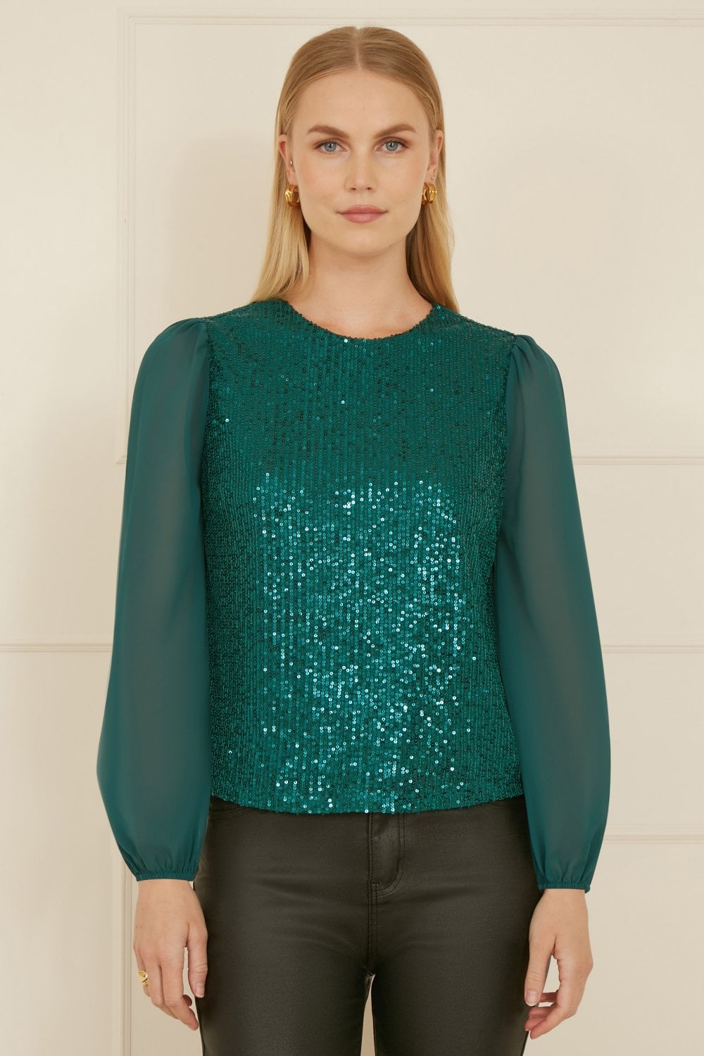 Yumi Green Sequin Top With Sheer Sleeves
