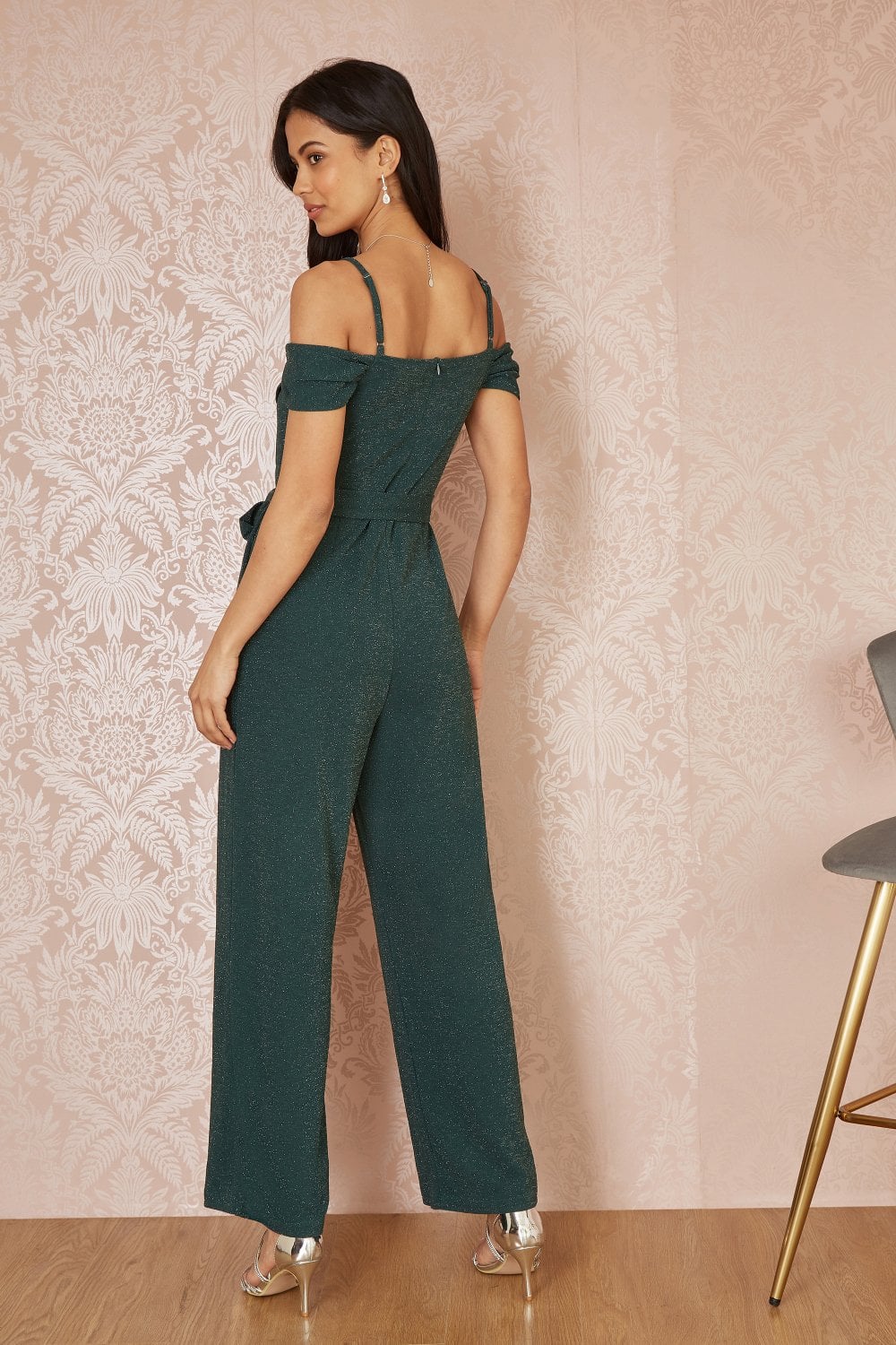 Yumi Green Sparkle Stretch Bardot Jumpsuit