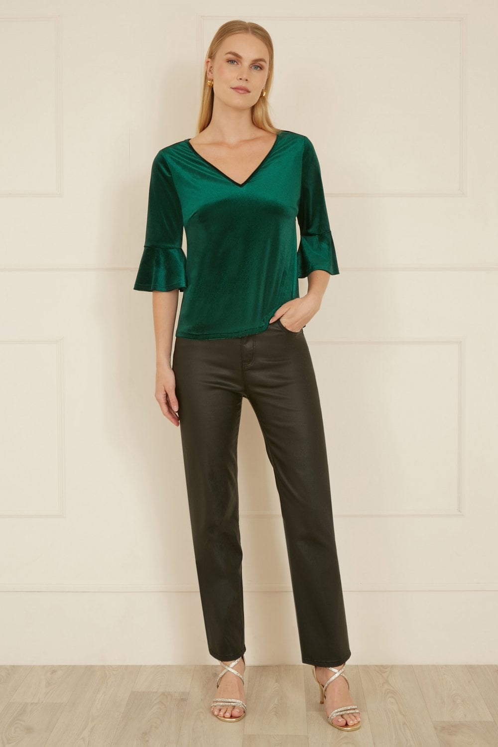Yumi Green Velvet Relaxed Fit Top With Fluted Sleeves