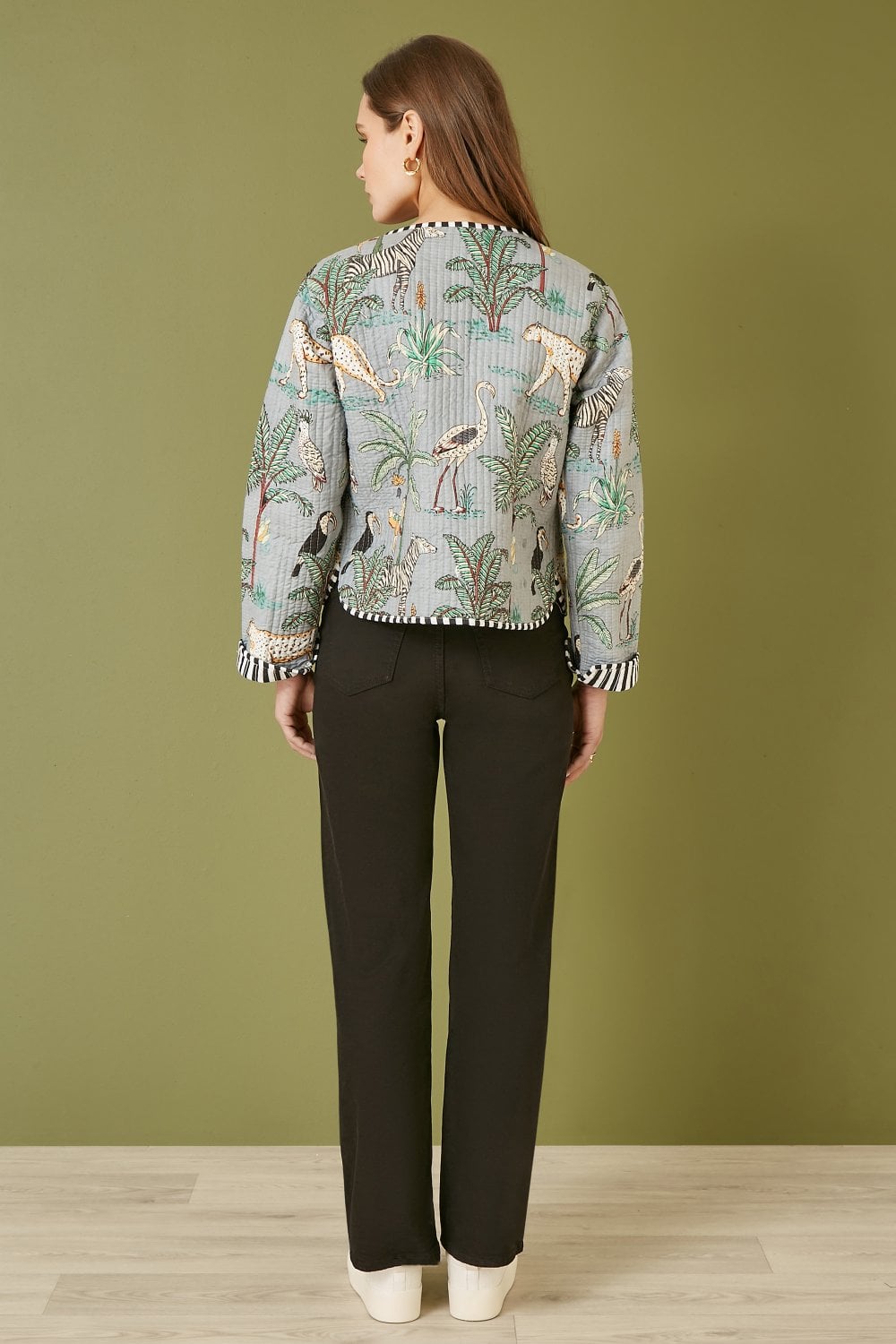 Yumi Grey Animal Print Reversible Cotton Cropped Quilted Jacket