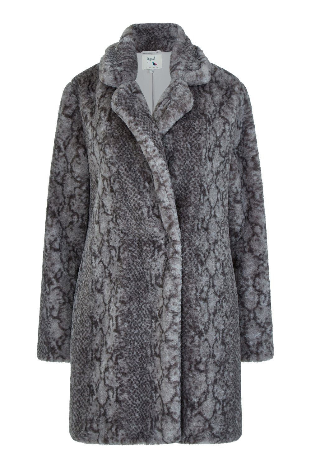 Yumi Grey Snakeskin Print Faux Fur Coat