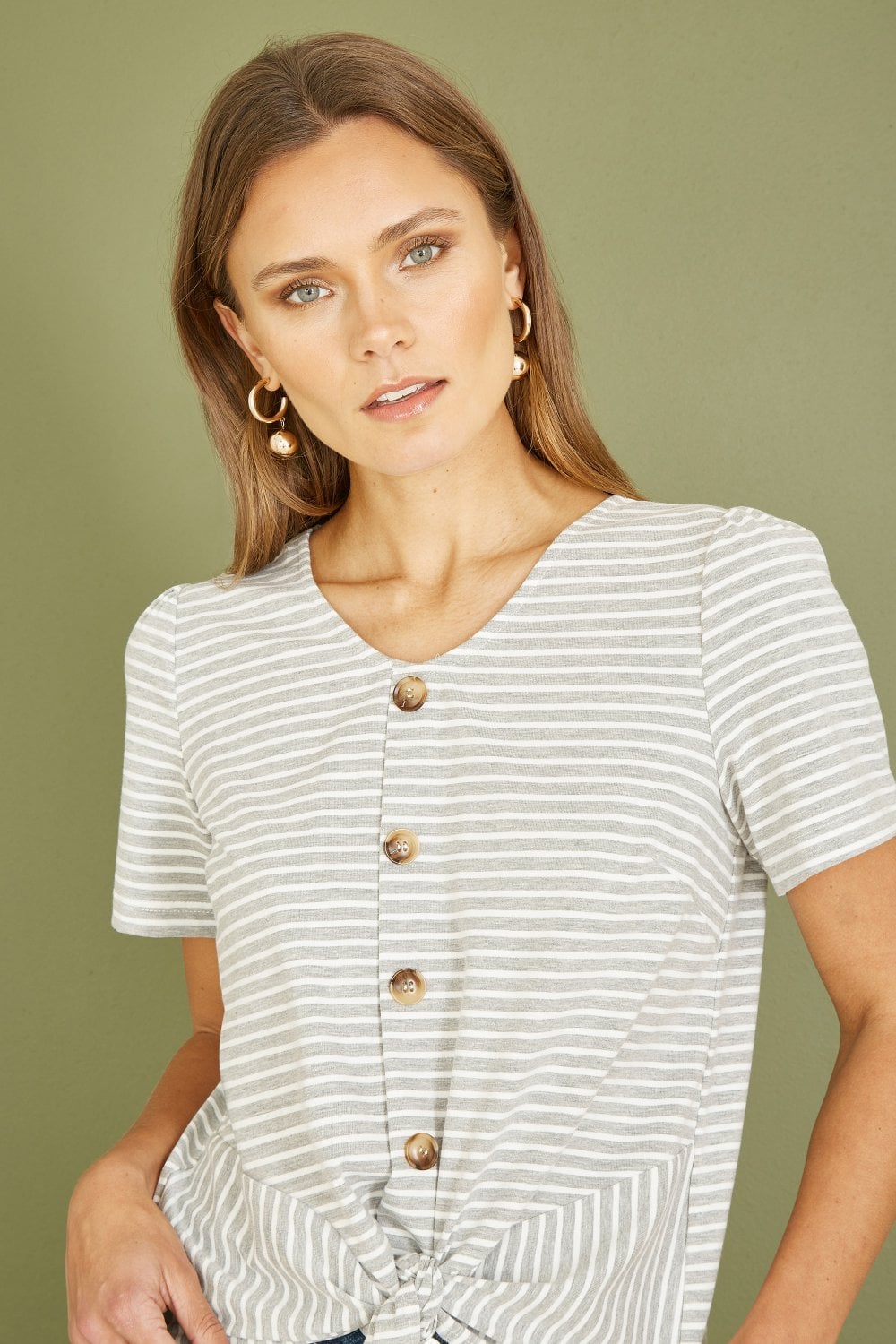 Yumi Grey Striped Jersey Button Detail Top