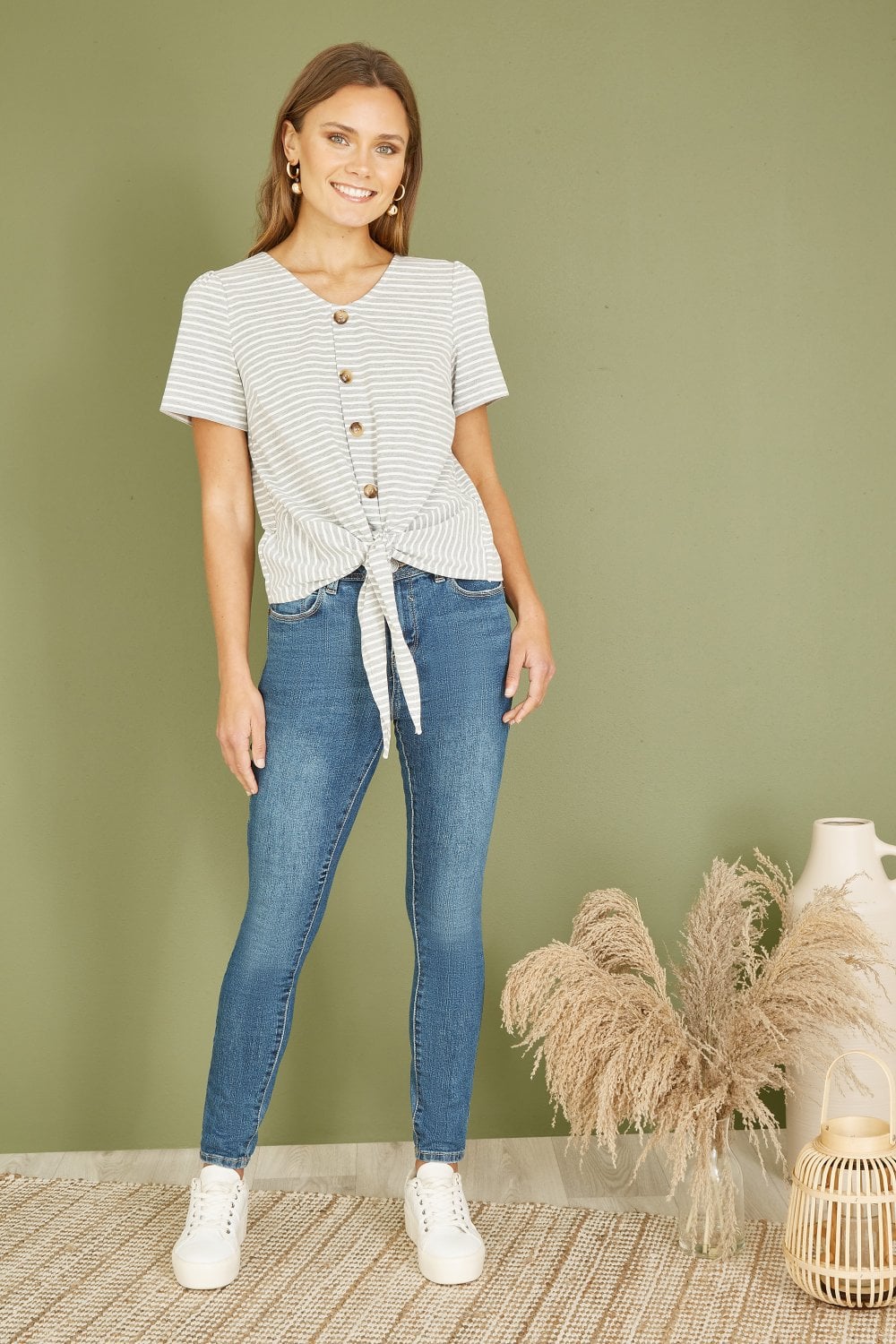 Yumi Grey Striped Jersey Button Detail Top