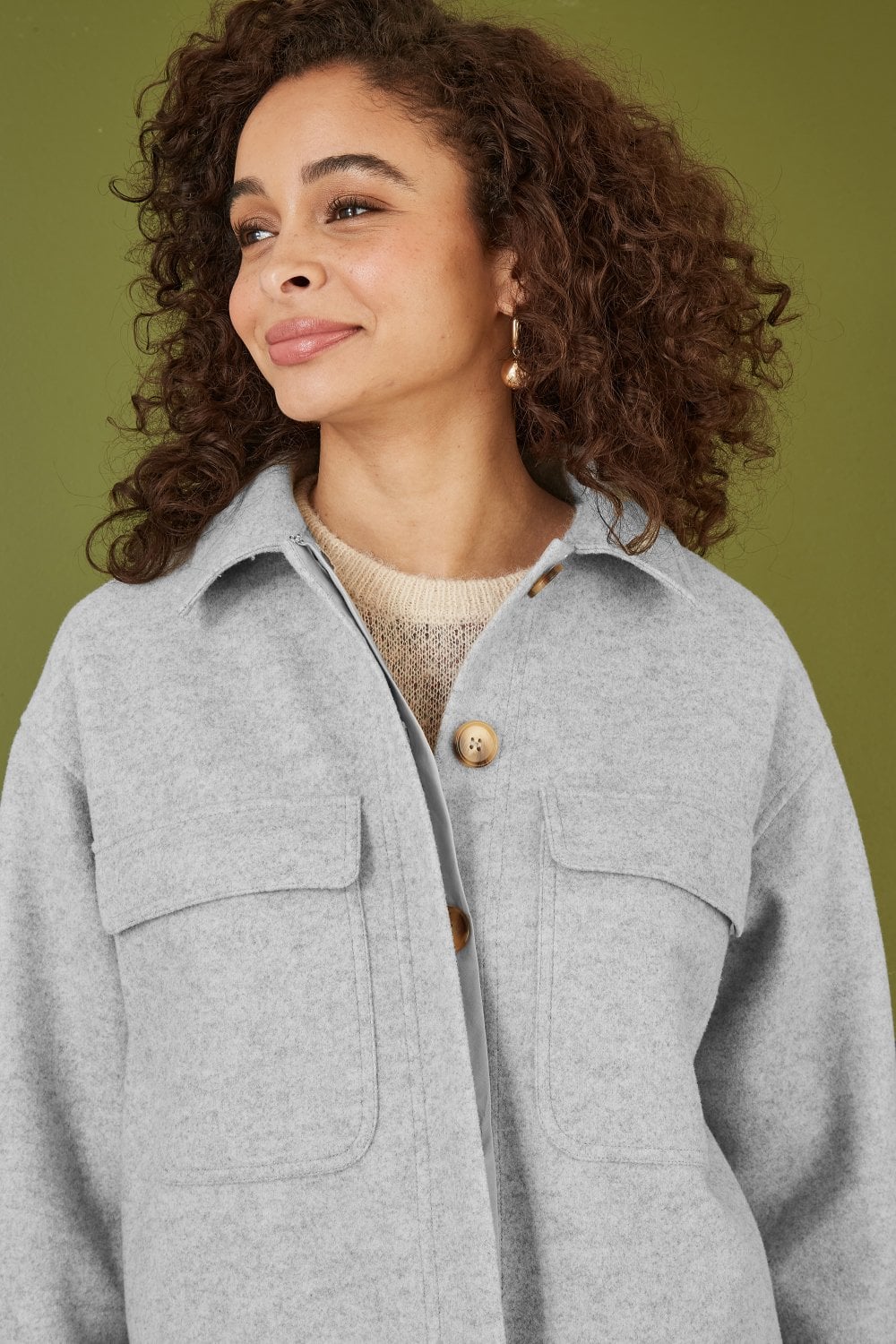 Yumi Grey Woven Shacket With Oversize Pockets