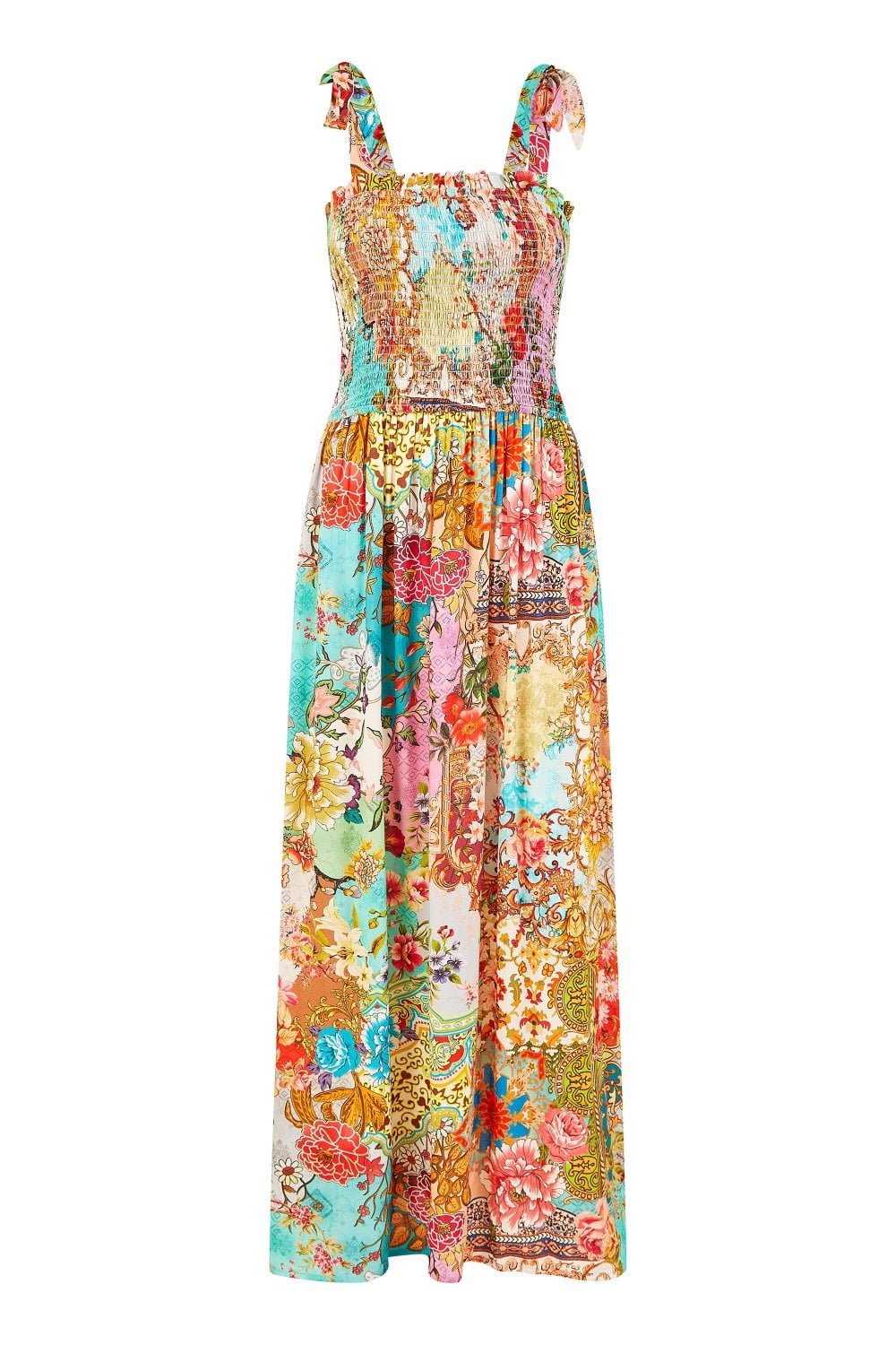 Yumi Multicolour Patchwork Split Hem Maxi Dress With Tie Straps