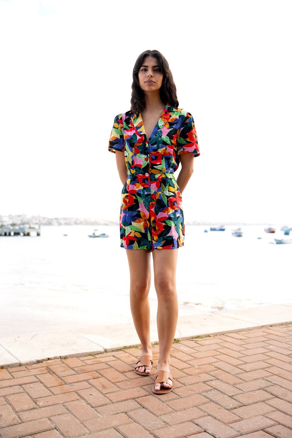Yumi Multicolour Tropical Leaf Print Playsuit