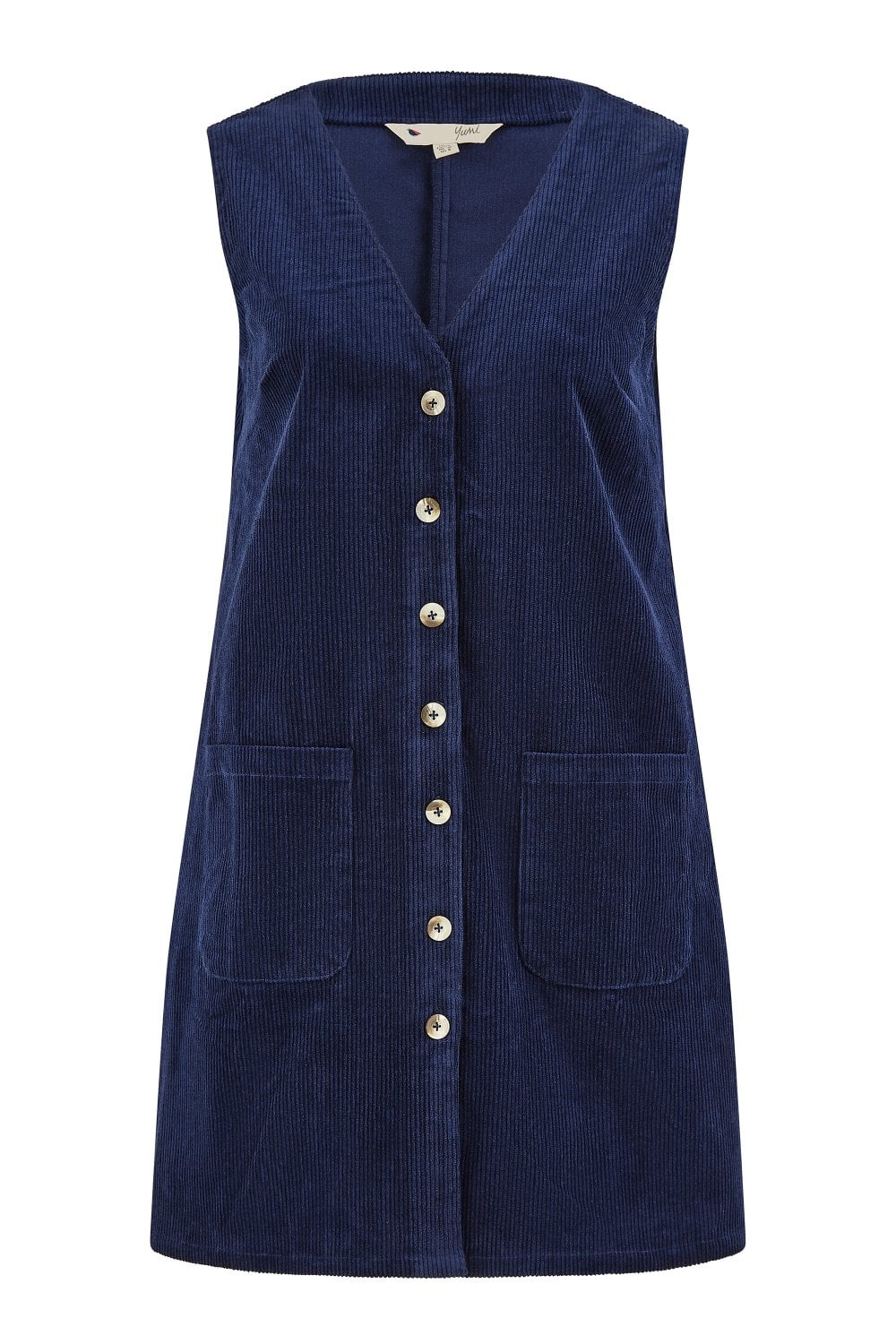 Yumi Navy Cord Button Through Pinafore Dress With Pockets