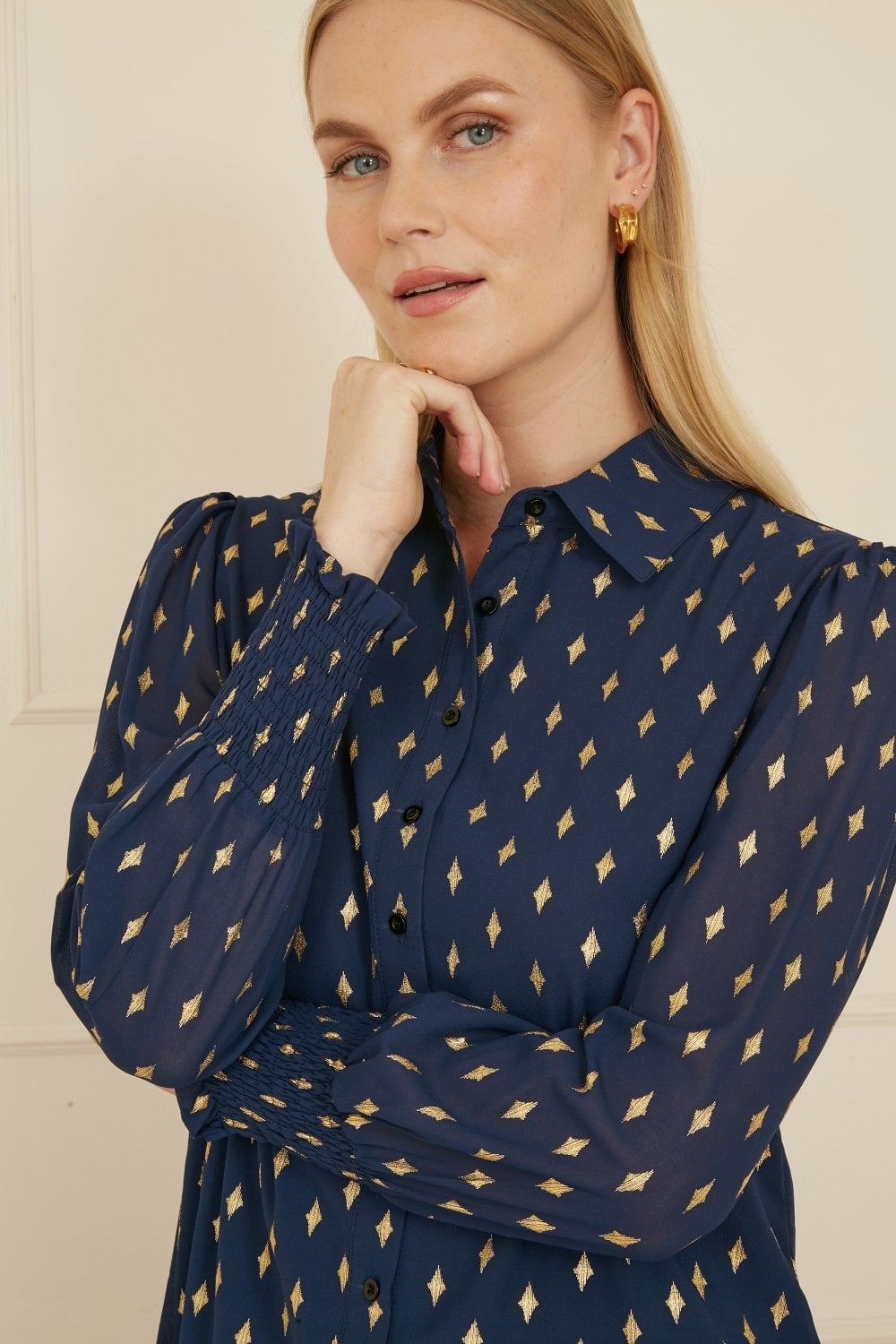 Yumi Navy Diamond Foil Print Top With Ruched Cuff