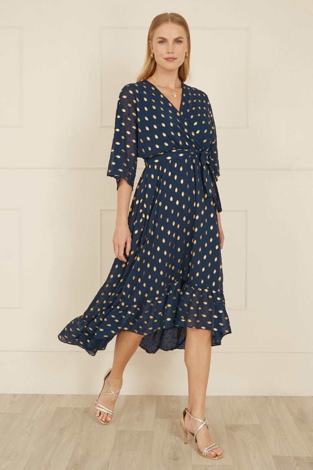 Yumi Navy Foil Print Wrap Over Dip Hem Midi Dress