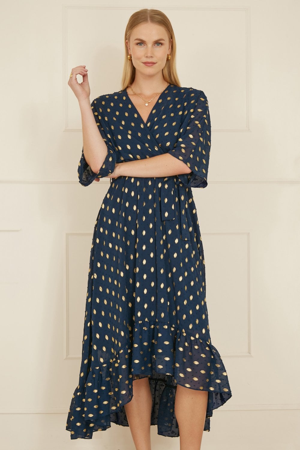 Yumi Navy Foil Print Wrap Over Dip Hem Midi Dress
