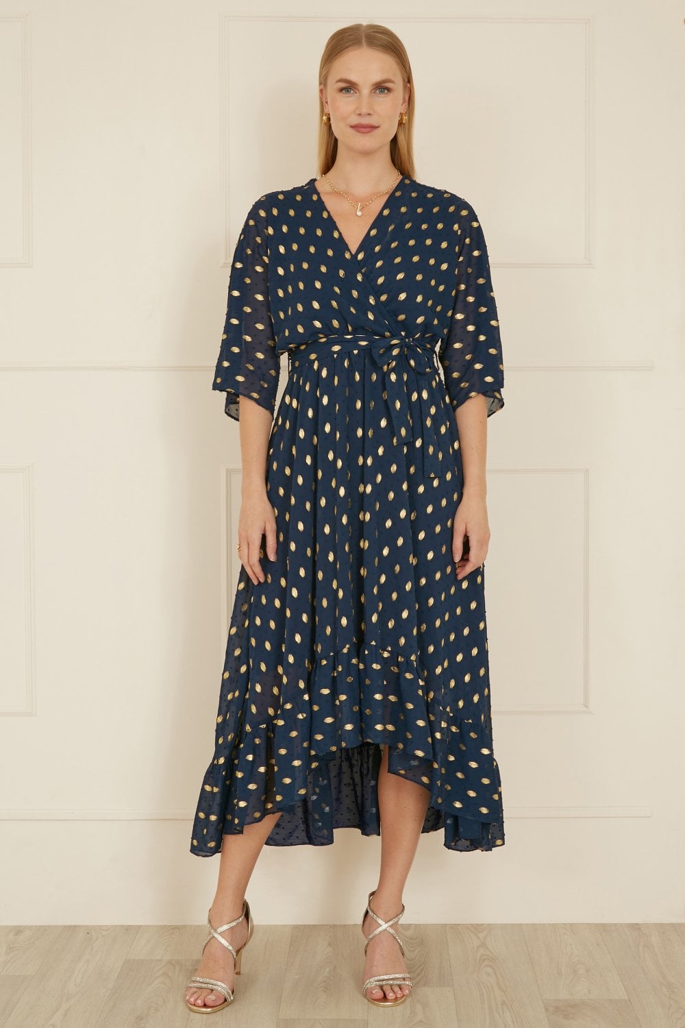 Yumi Navy Foil Print Wrap Over Dip Hem Midi Dress