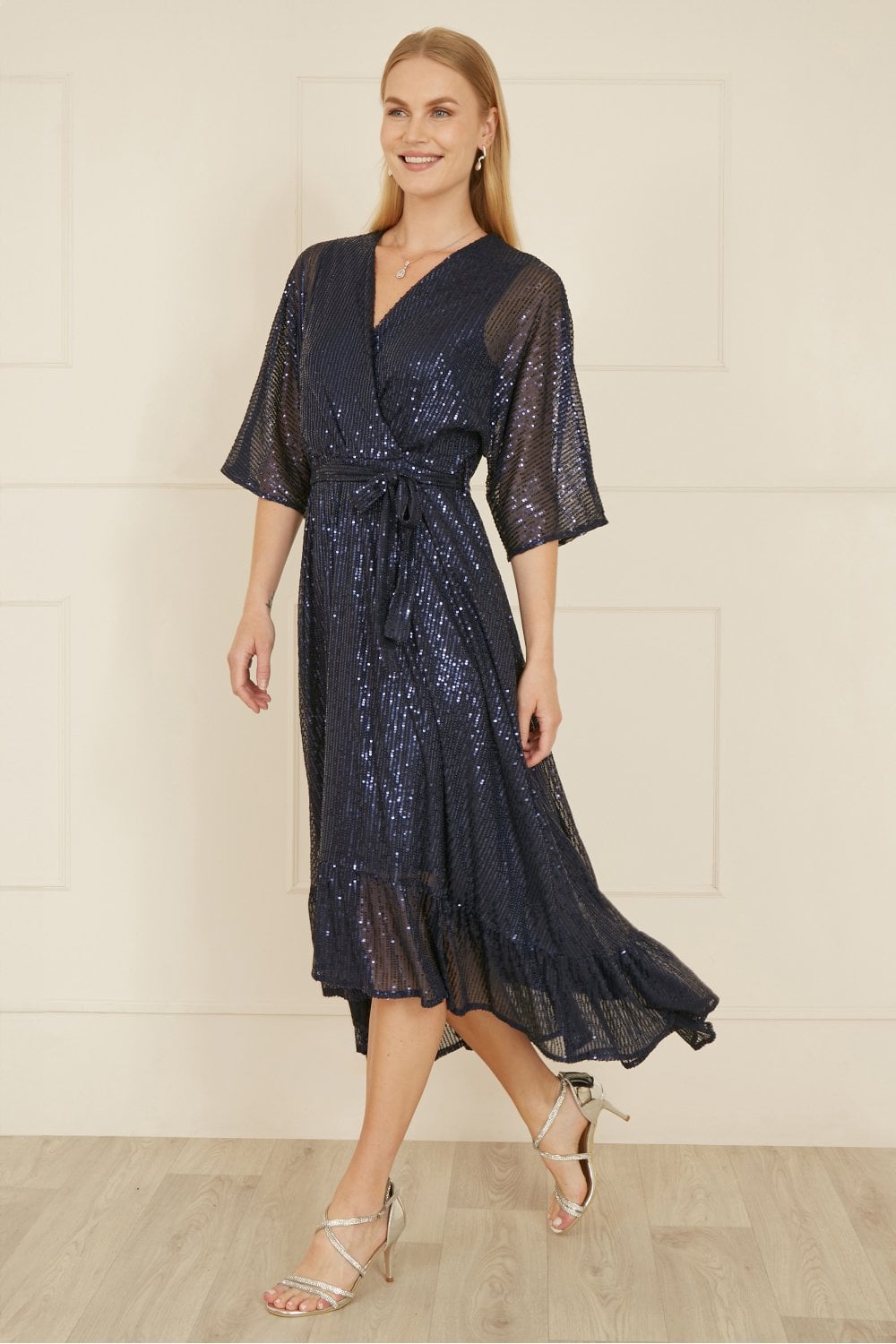 Yumi Navy Sequin Kimono Midi Wrap Dress