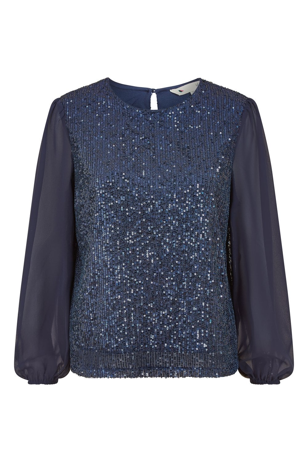 Yumi Navy Sequin Top With Sheer Sleeves