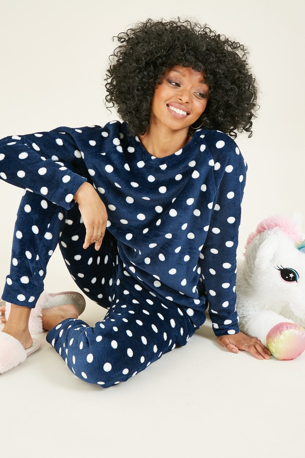 Yumi Navy Spot Super Soft Fleece Pyjamas